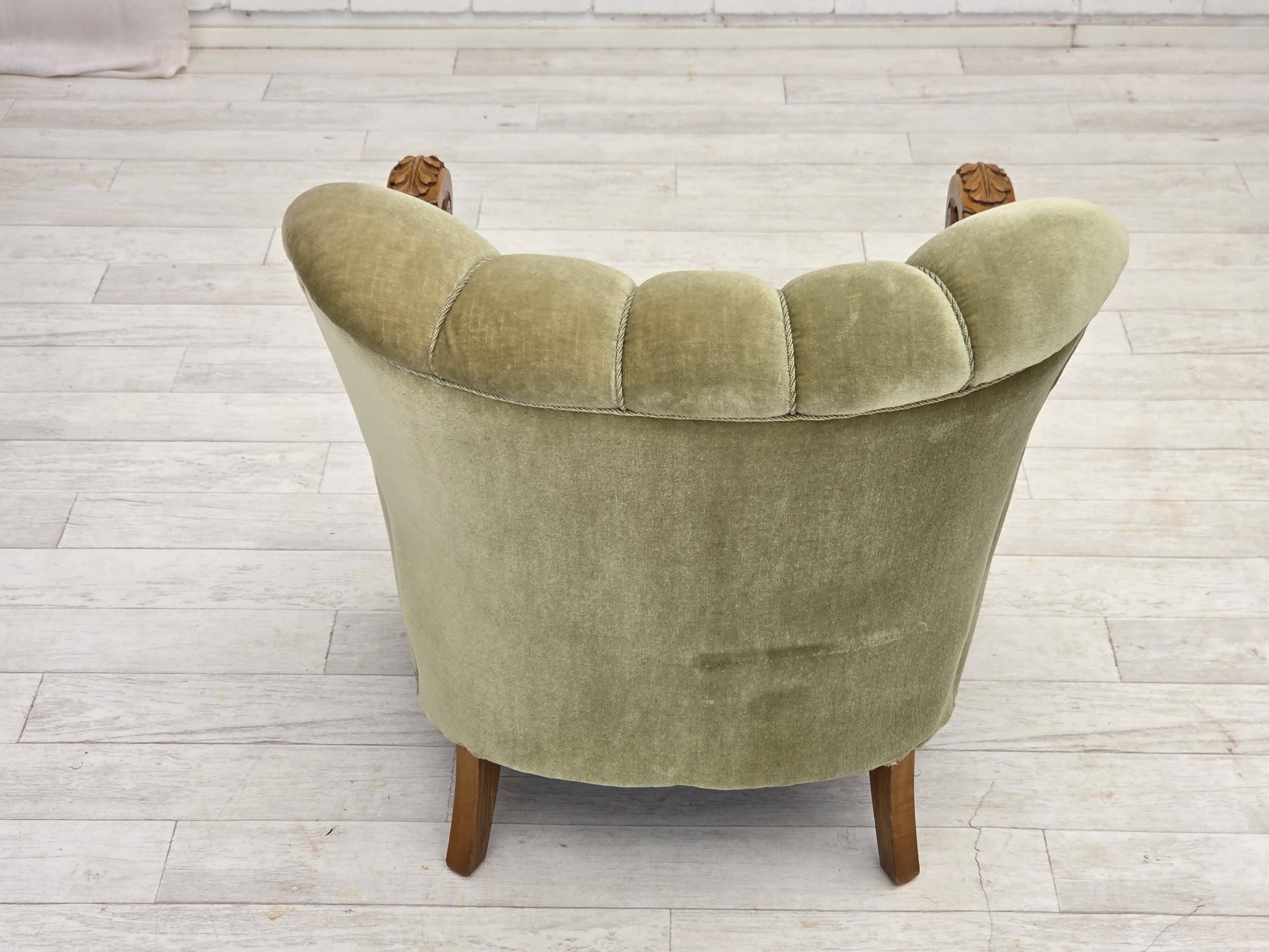 1960s, Danish armchair, green furniture velour, carved oak wood.