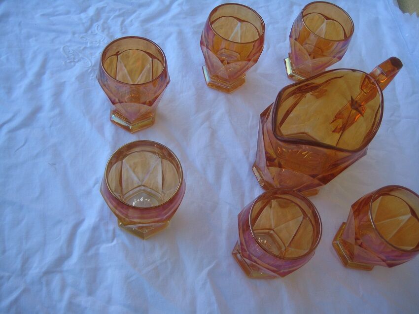Old orange service pitcher & 6 glasses