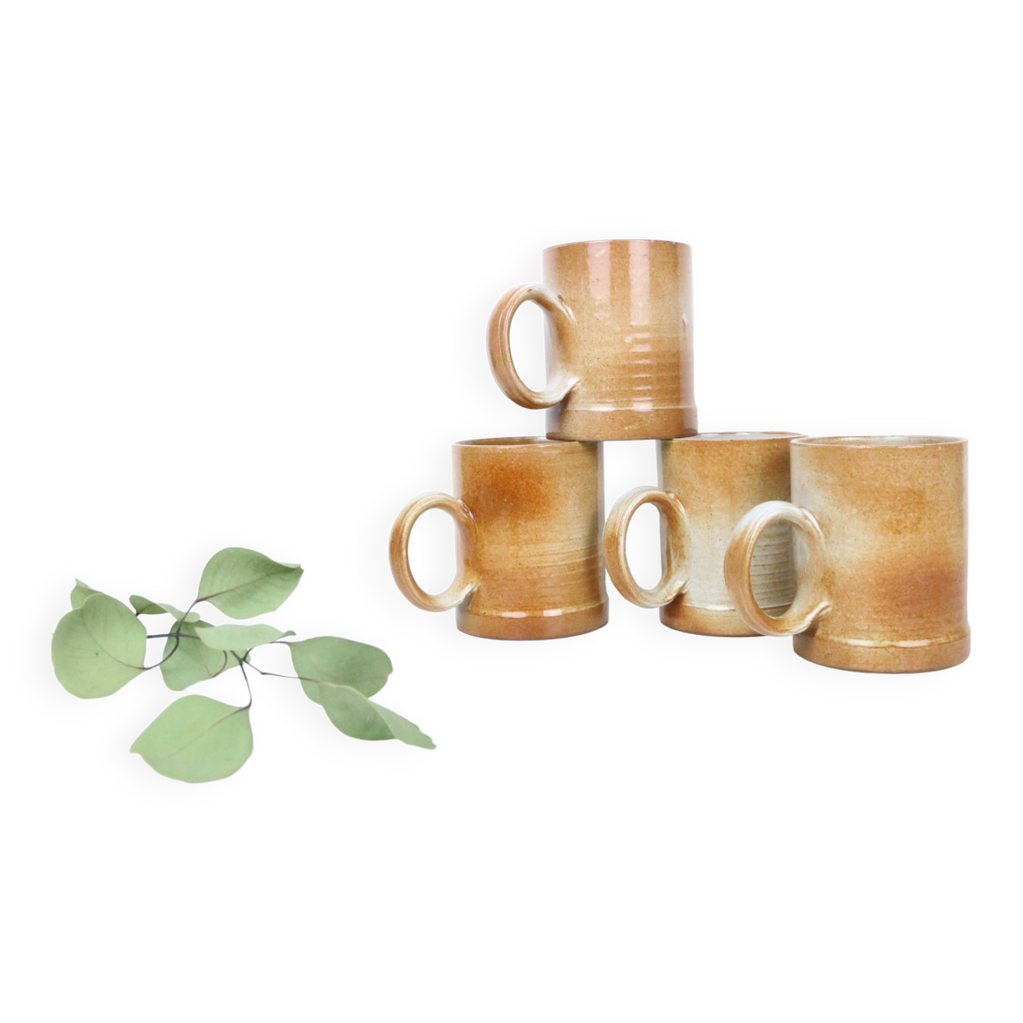 Set of 4 stoneware mugs, artisanal pottery, 1980
