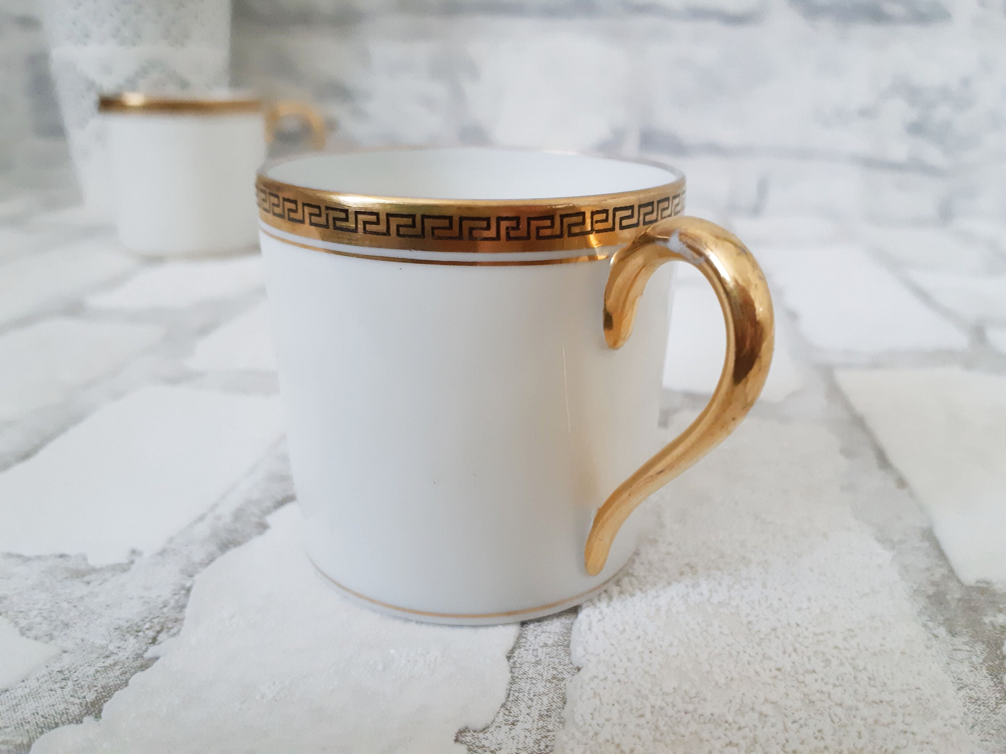 Limoges porcelain coffee cups, white and gold