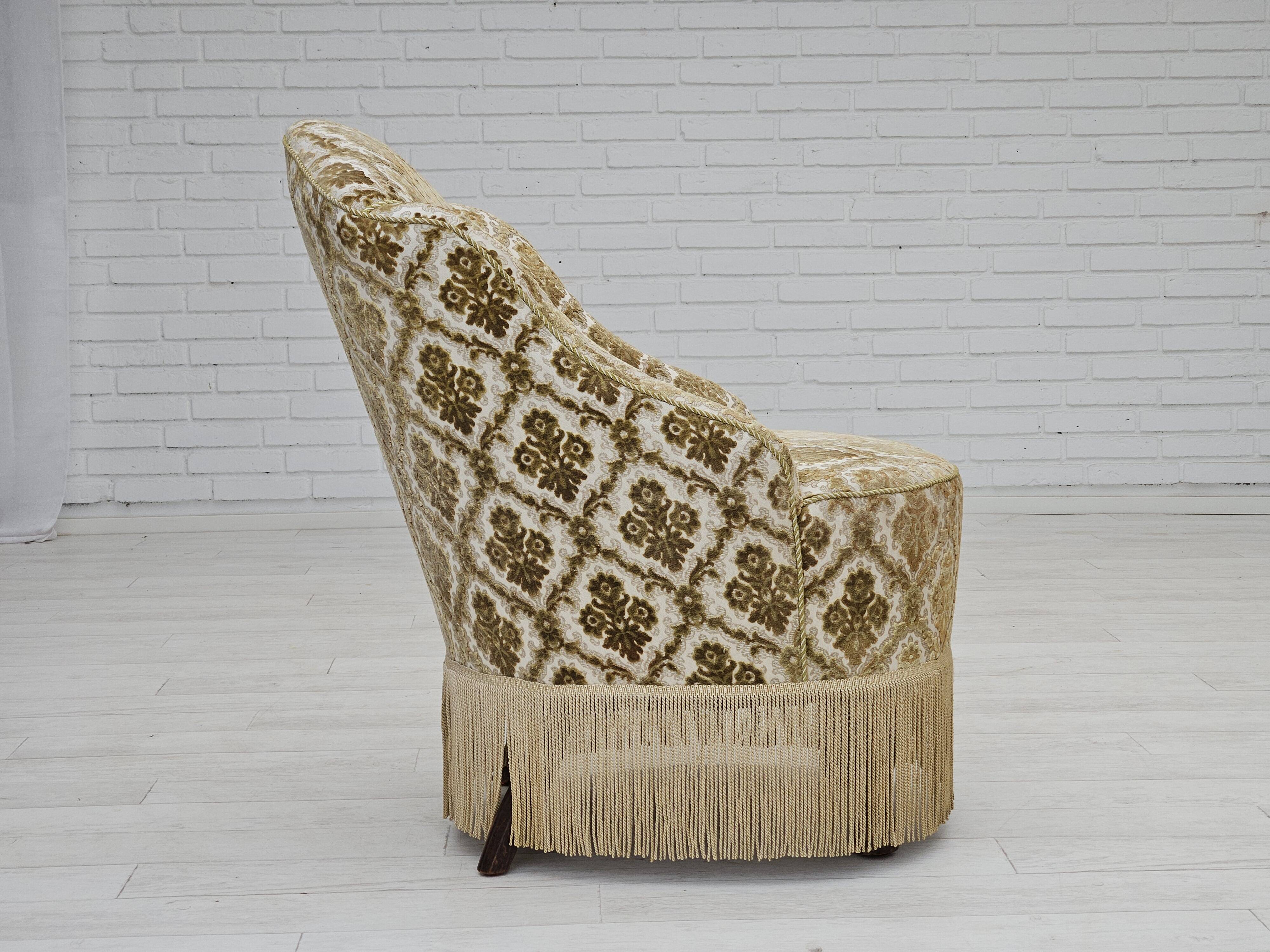 1950s, Danish lounge chair, furniture velour, ash wood legs.