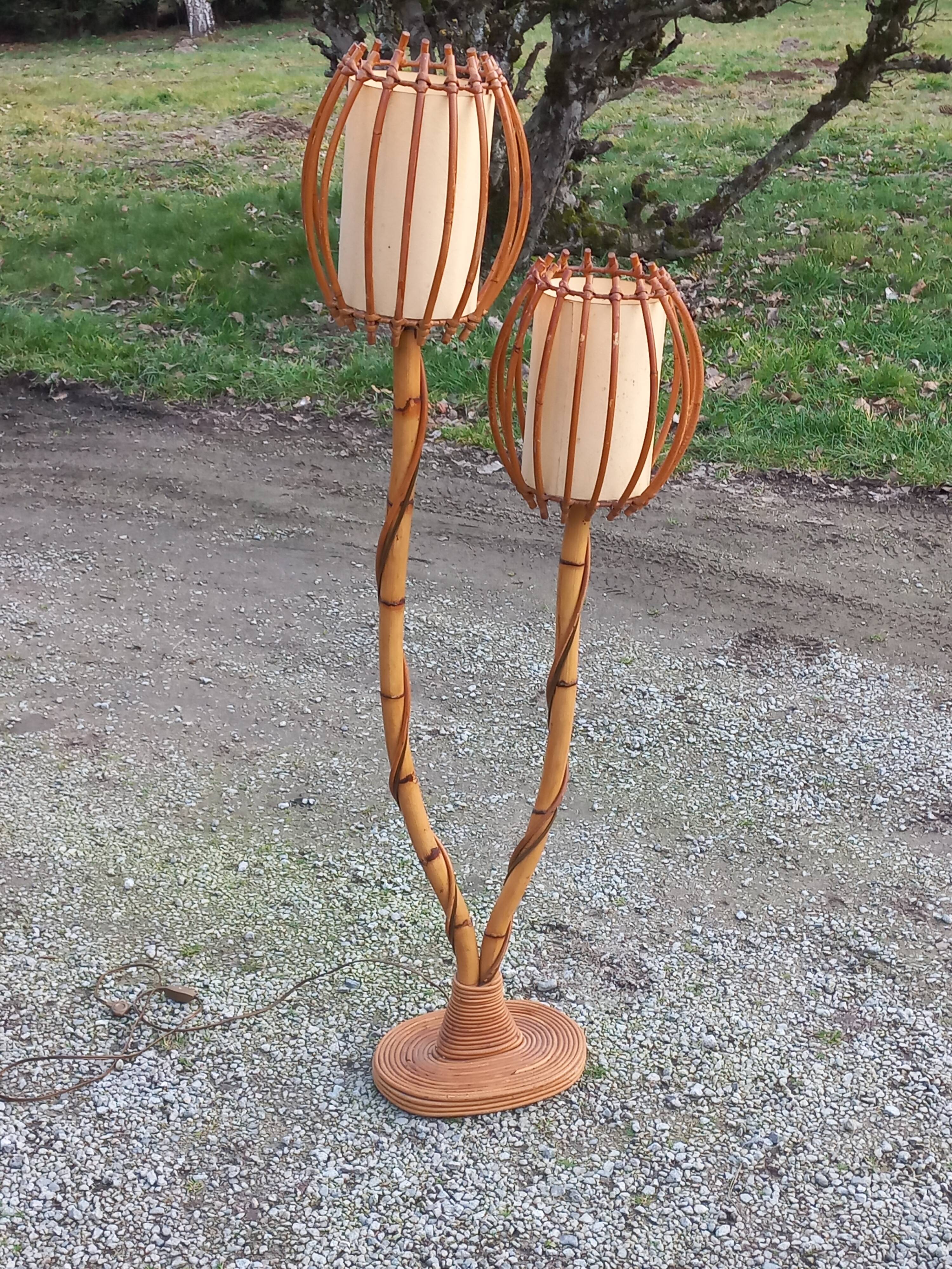 Bamboo and rattan floor lamp 2 lights from the 70s