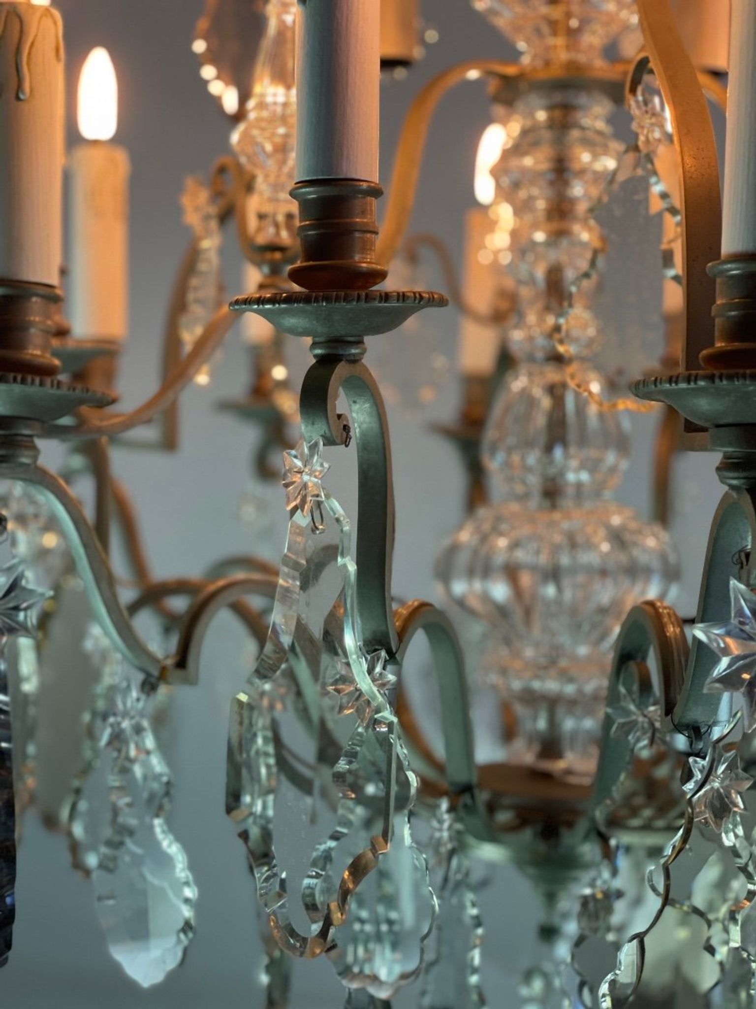 Silver bronze cage chandelier with crystal grapevines circa 1900