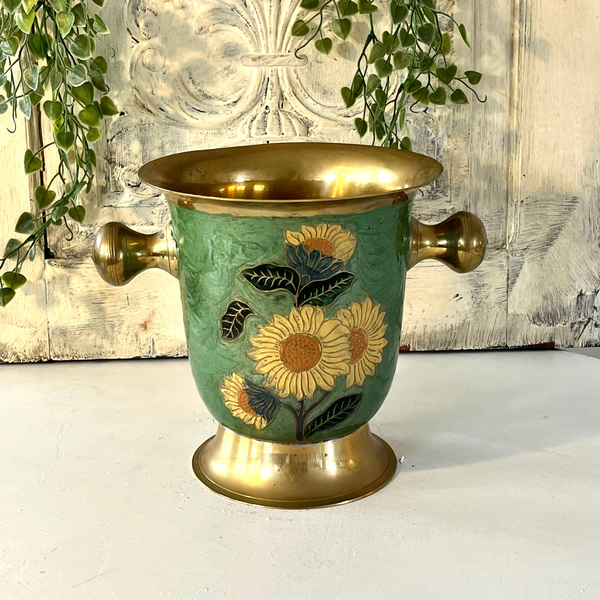 Vintage brass and green enamel cloisonné champagne cooler with sunflow