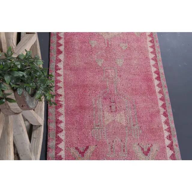 Vintage Turkish Oushak Handmade Wool Cotton Pink Runner Rug 90x312