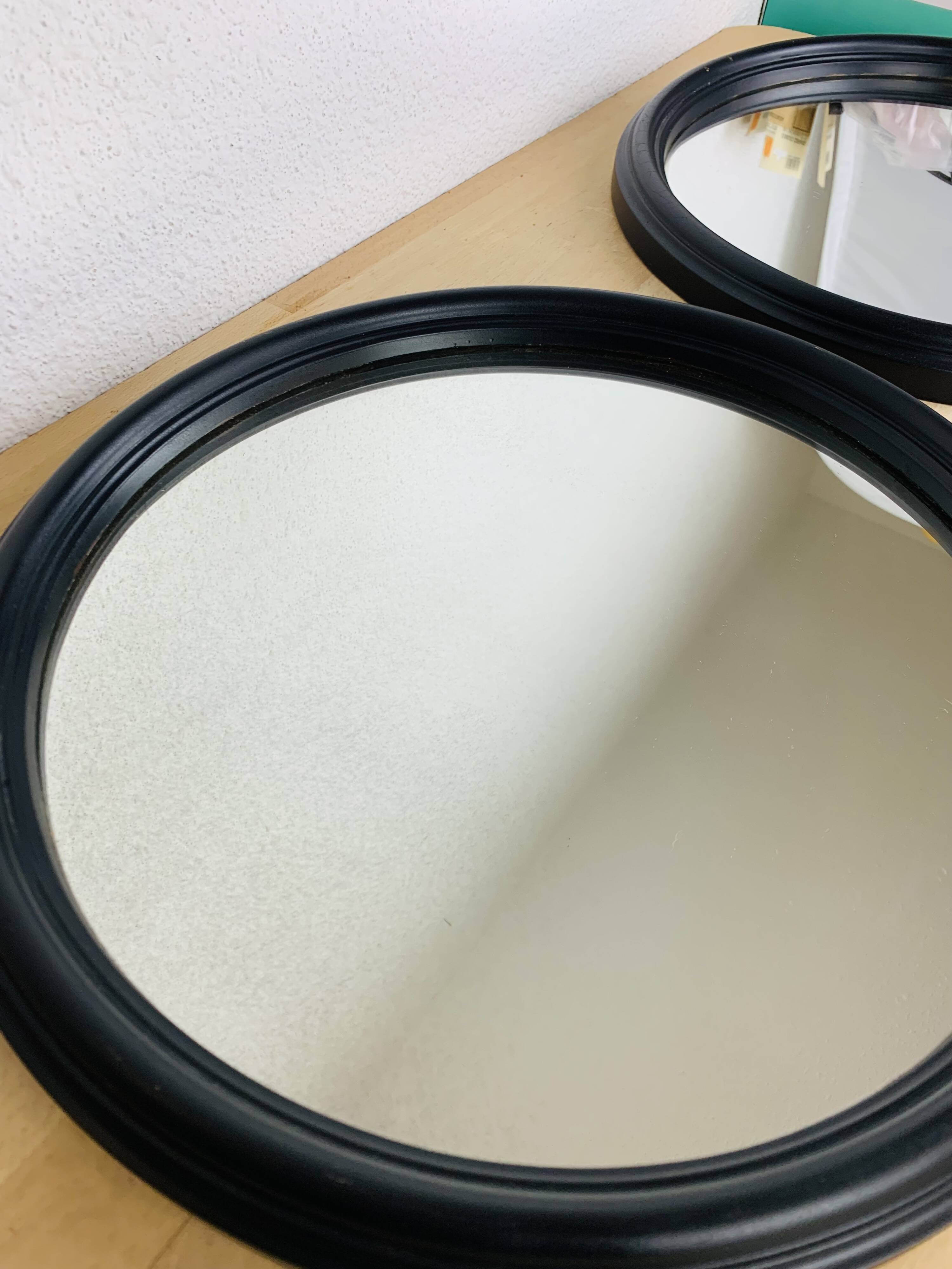Pair of round mirrors with black rim 40 cm, vintage