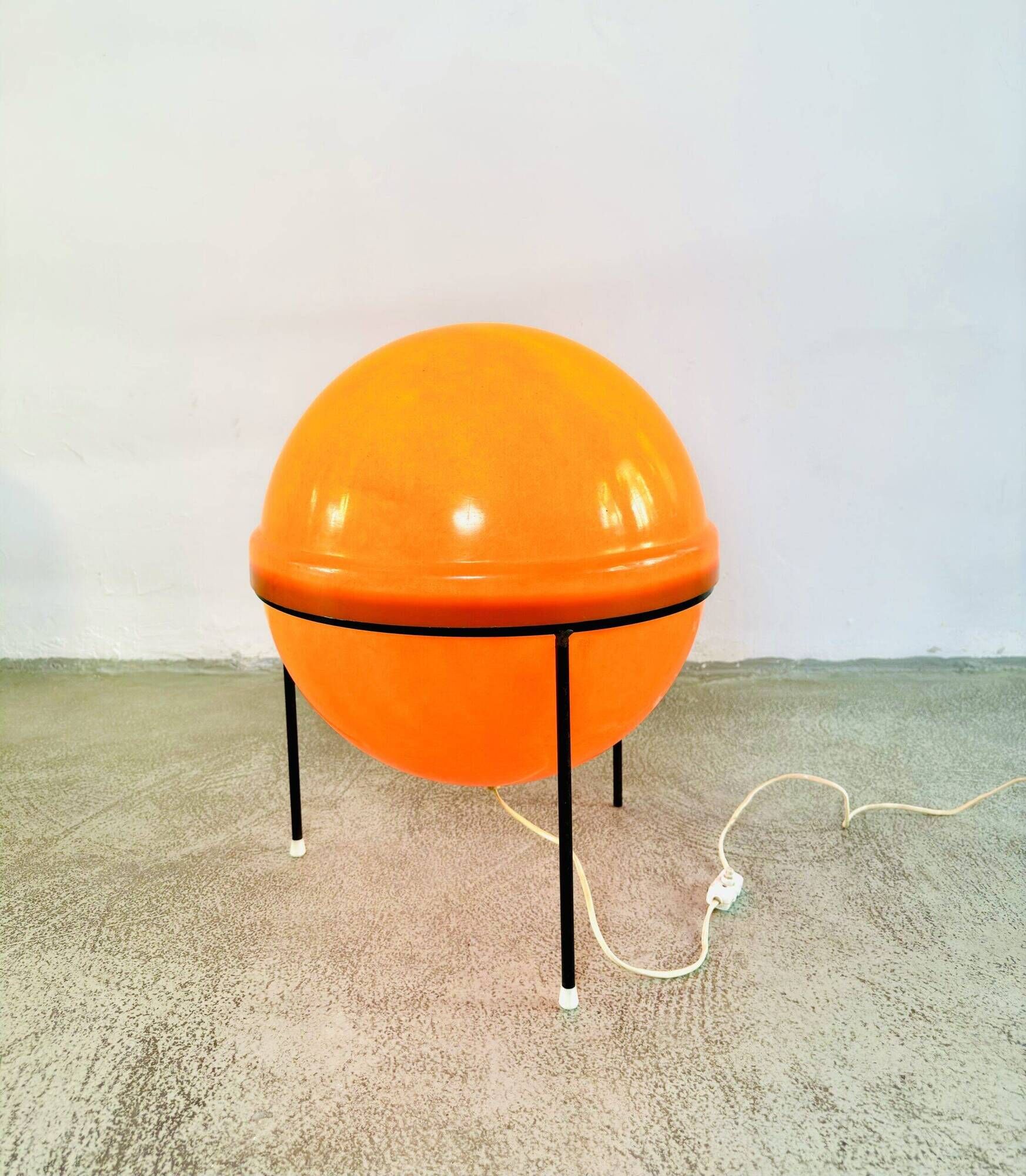 Large Space Age Tripod Sphere Floor Lamp In Orange By Unknown Designer, Around 1960S