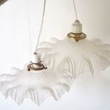 Pair of frosted glass flower pendant lamps