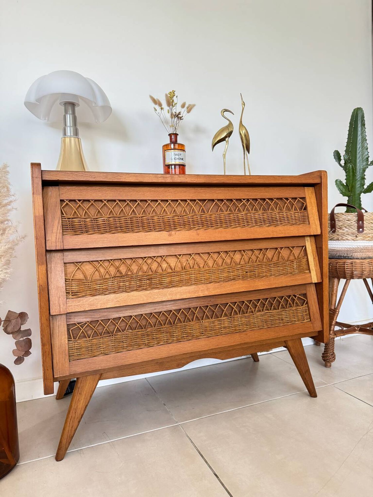 Commode bois et rotin vintage