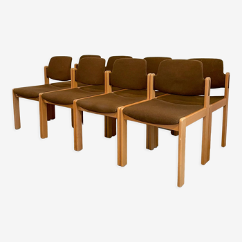 Set de 8 chaises Lübke en bois clair et tissus marron, 1980