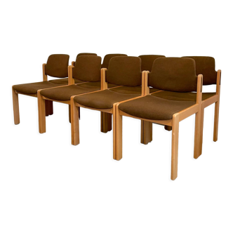 Set of 8 Lübke chairs in light wood and brown fabrics, 1980