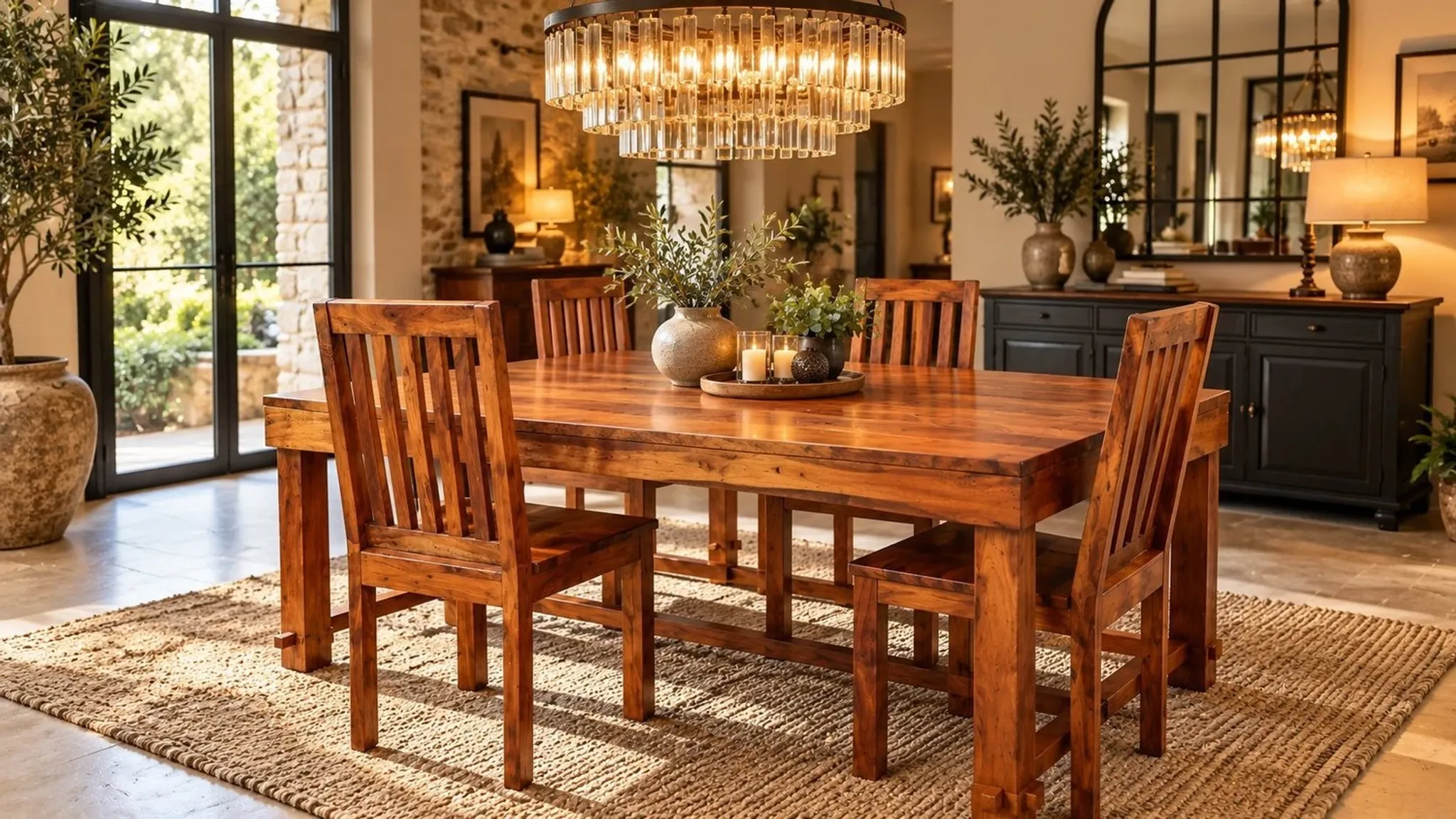 Dining table and 4 solid sheesham wood chairs in Arts & Crafts style.