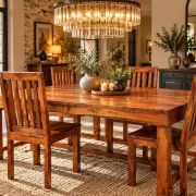 Dining table and 4 solid sheesham wood chairs in Arts & Crafts style.