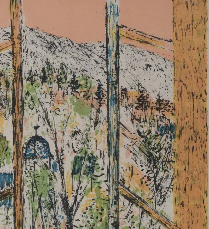 Guy BARDONE: Window open to the garden, signed original lithograph.