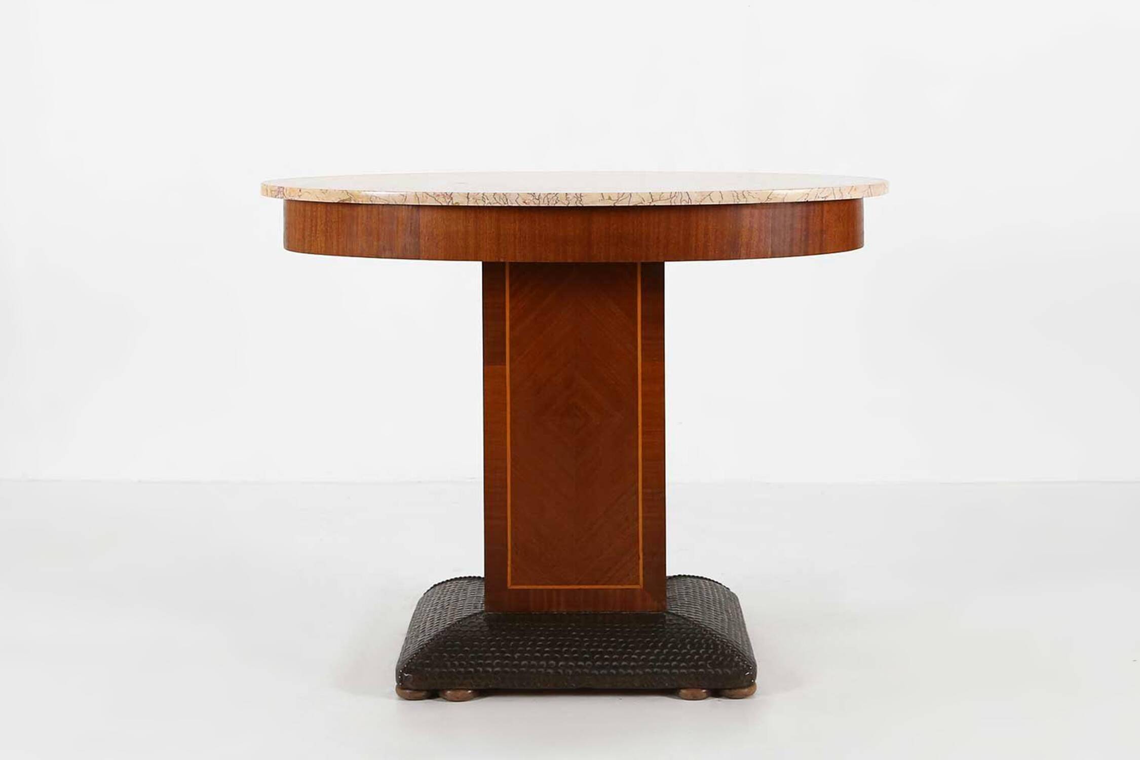 Art Deco side table by De Coene Freres with wood inlay and marble top, 1930s