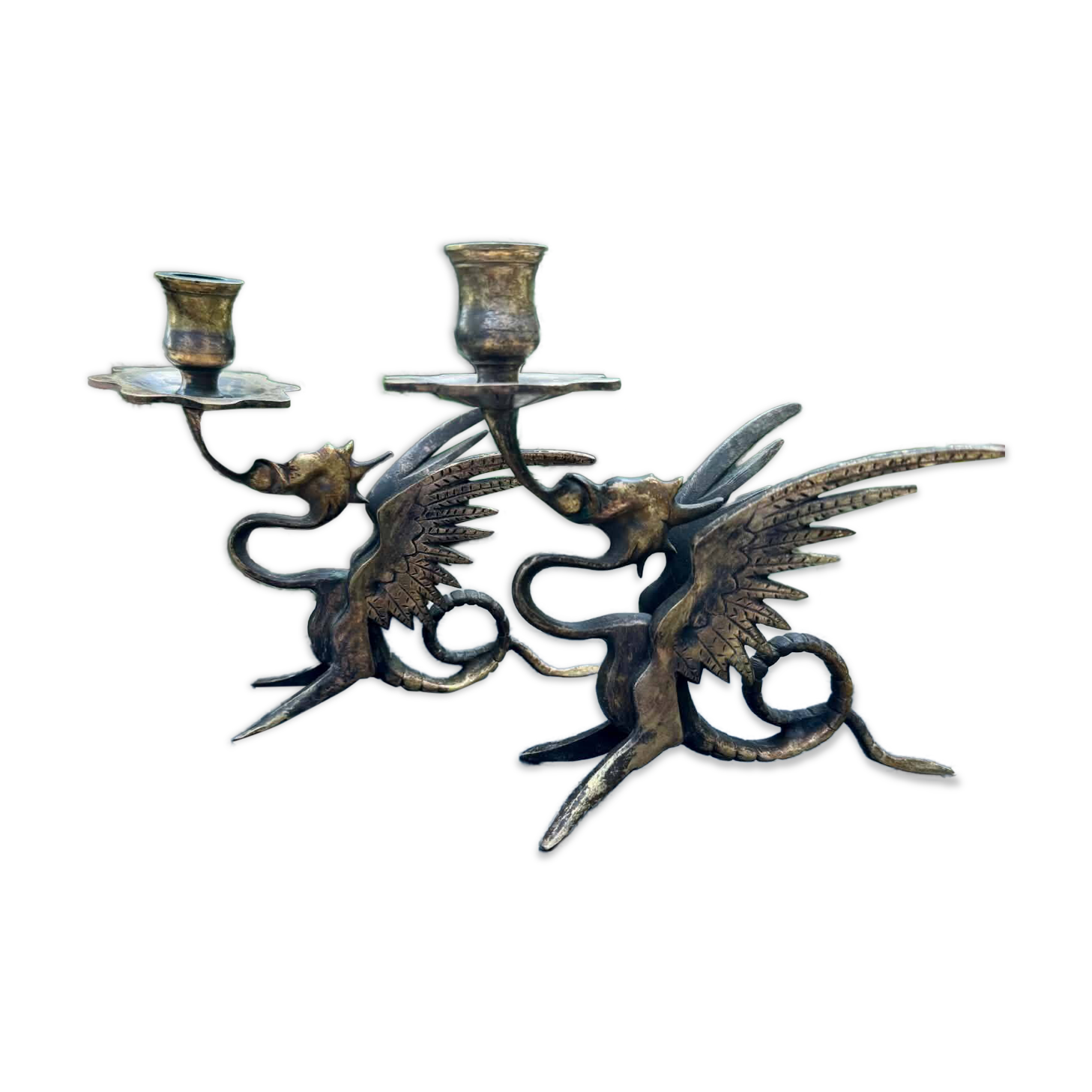 Pair of chimera candle holders in bronze, 19th century.