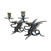 Pair of chimera candle holders in bronze, 19th century.
