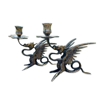 Paire de bougeoirs chimères en bronze XIXe siècle
