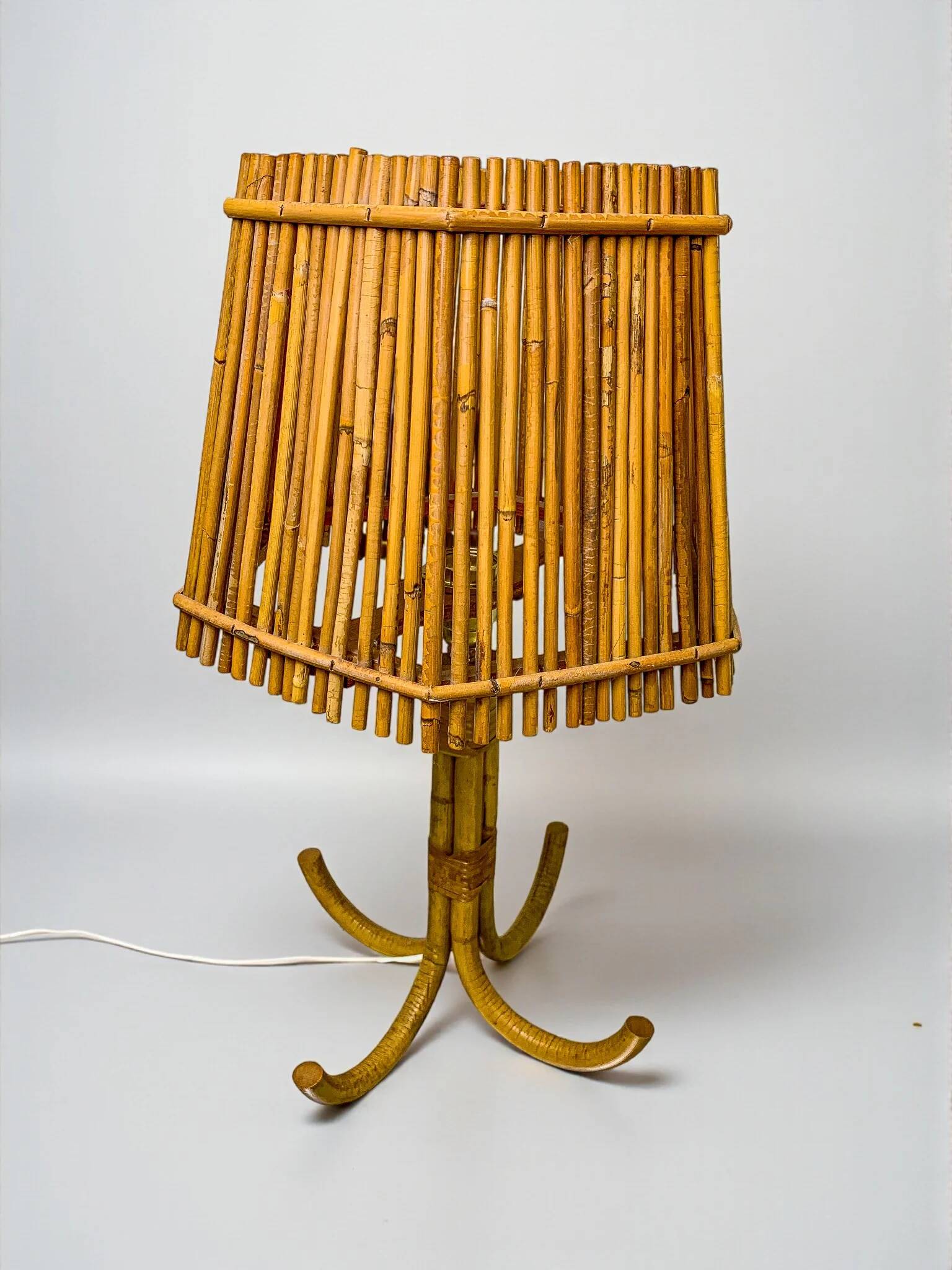 Large Louis Sognot French bamboo & rattan table lamp, France, 1960s