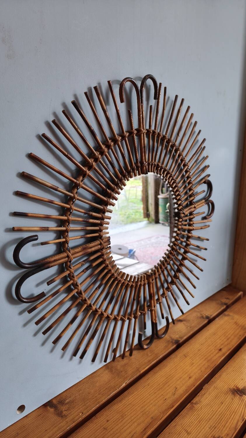 Sun mirror in rattan and bamboo: vintage 1960s