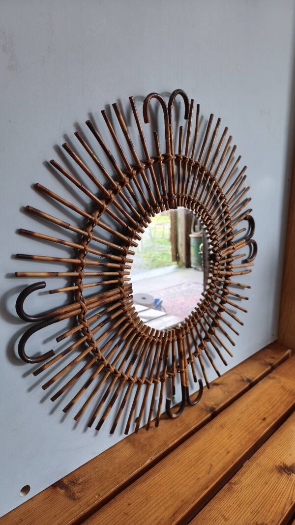 Miroir soleil en rotin et bambou : vintage 1960