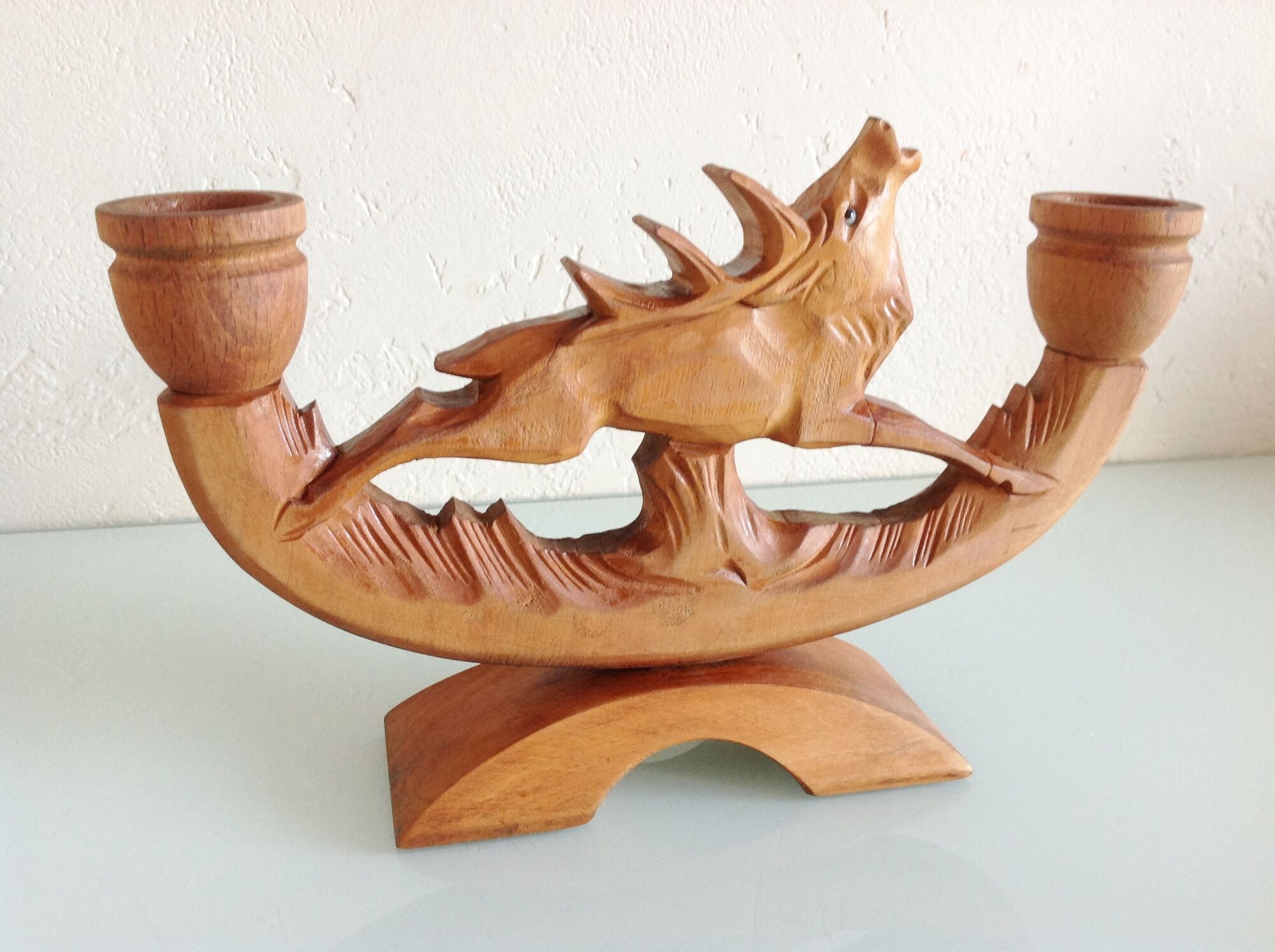 Two-headed Scandinavian/vintage 50-60s wooden chandelier
