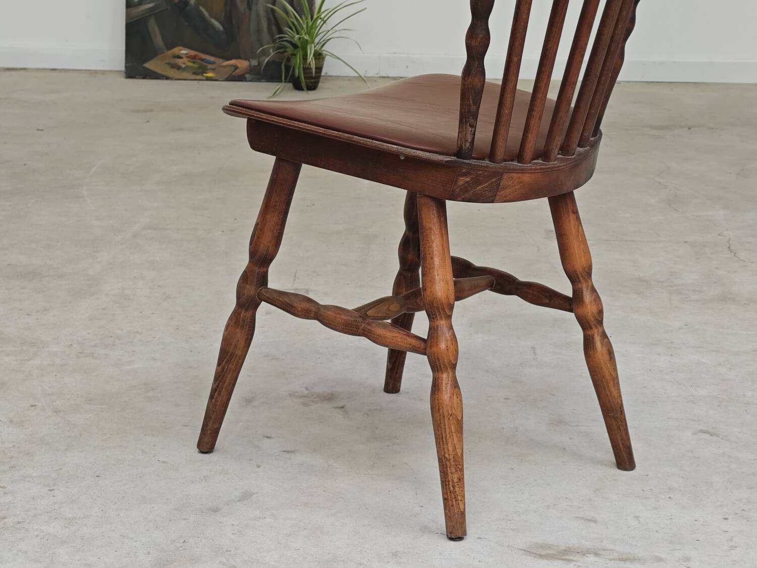 Baumann Tacoma bistro chair, wood and brown faux leather, 1960.