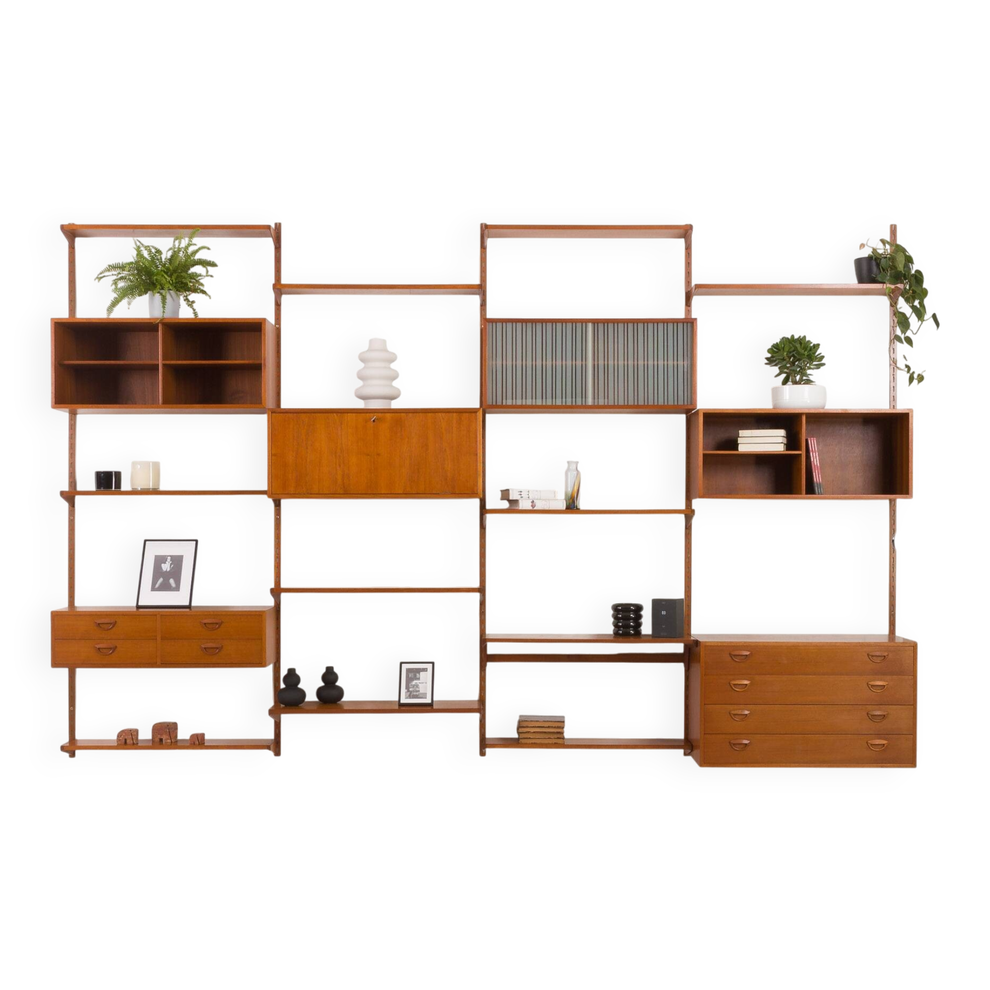 Kai Kristiansen four bay teak wall unit with a dresser, FM Mobler, Denmark