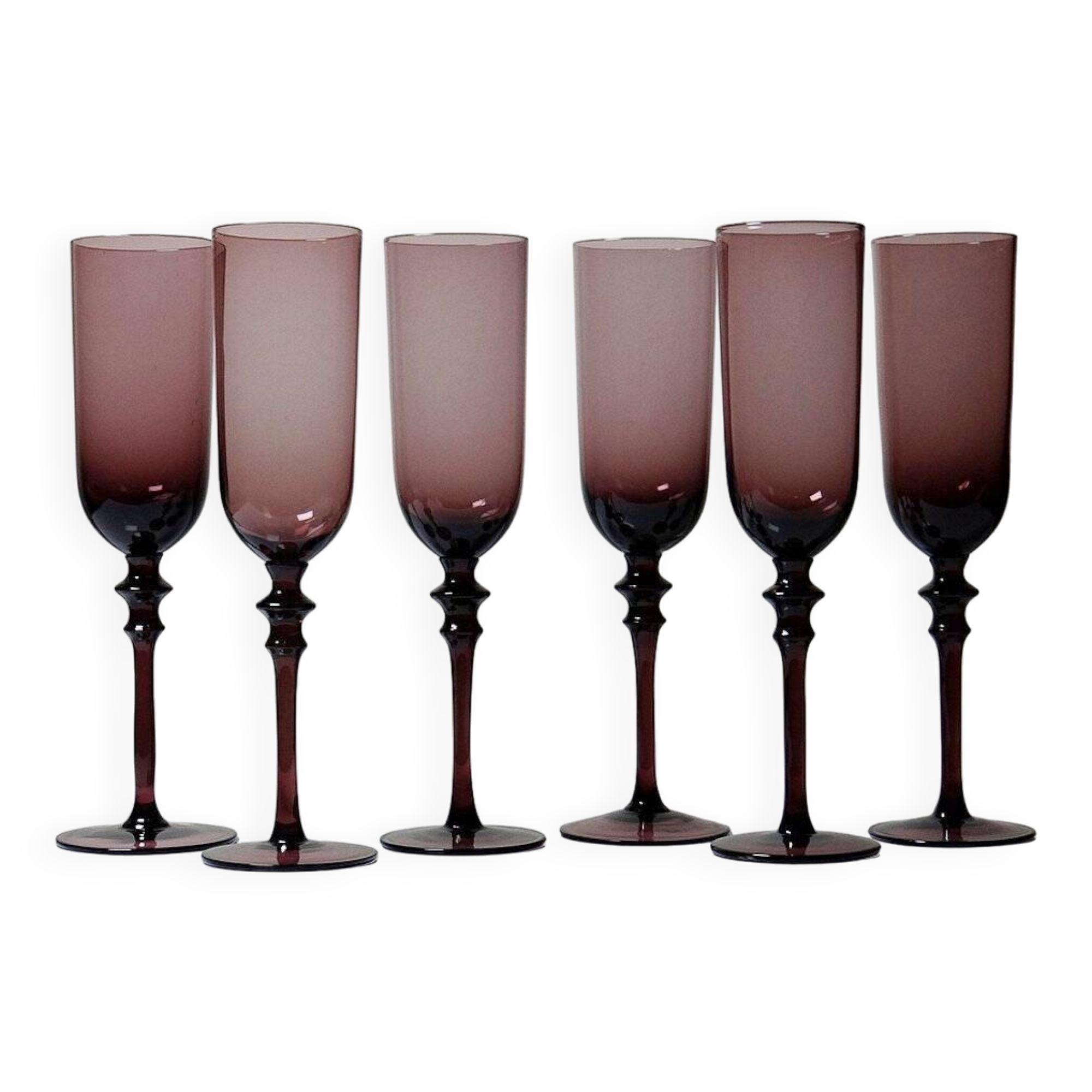 Set of 6 large vintage 70s-80s champagne flutes, violet blown glass