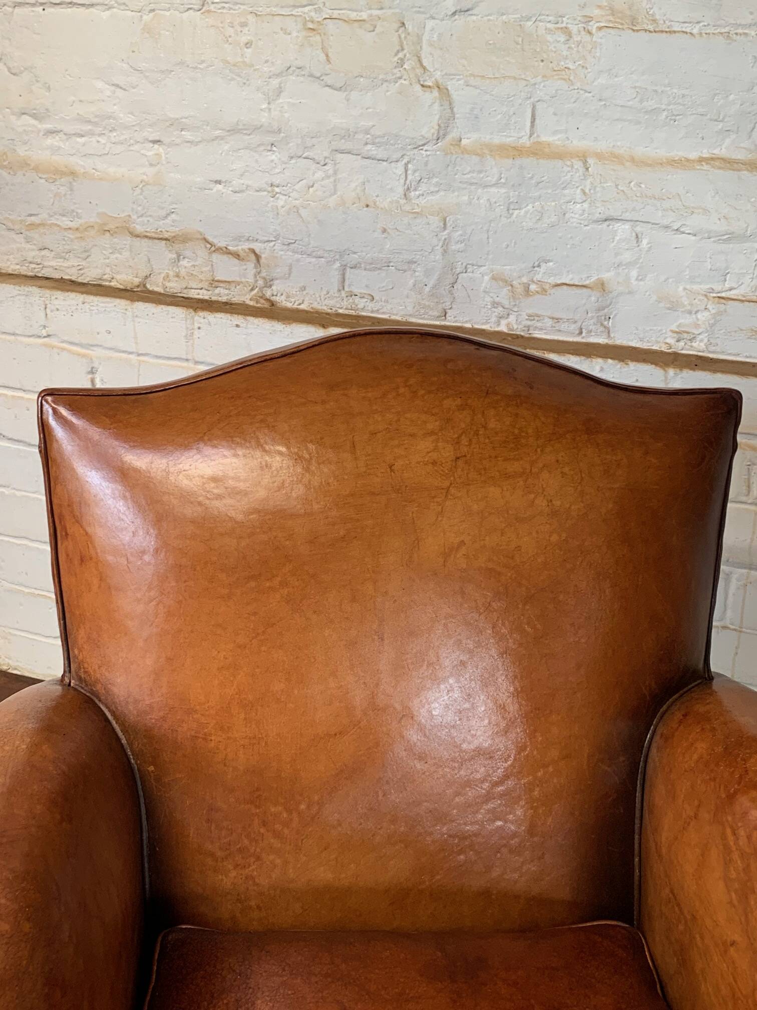 French leather club chair chapeau de gendarme in caramel c 1950