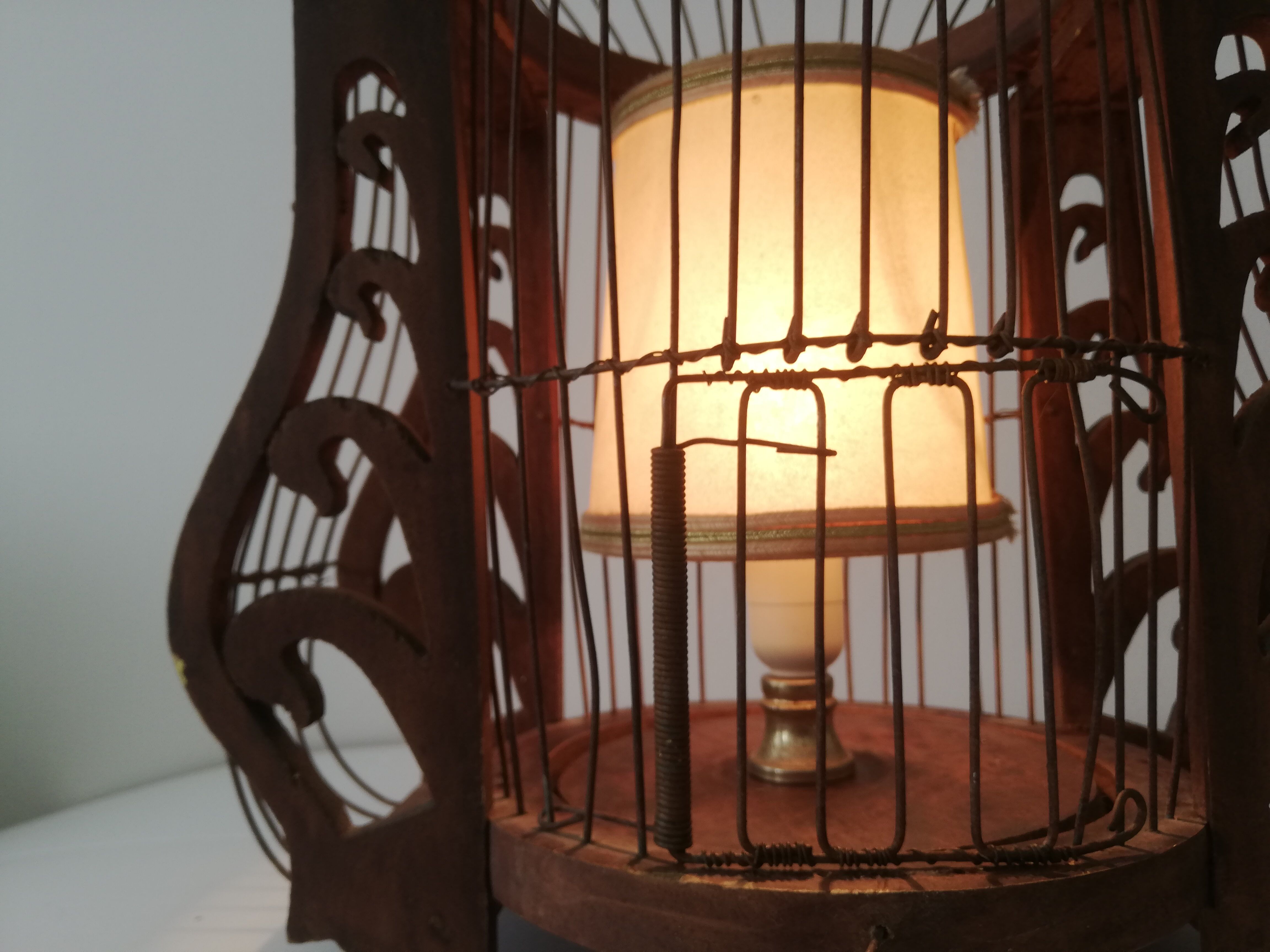 Antique wooden birdcage table lamp light bird home vintage