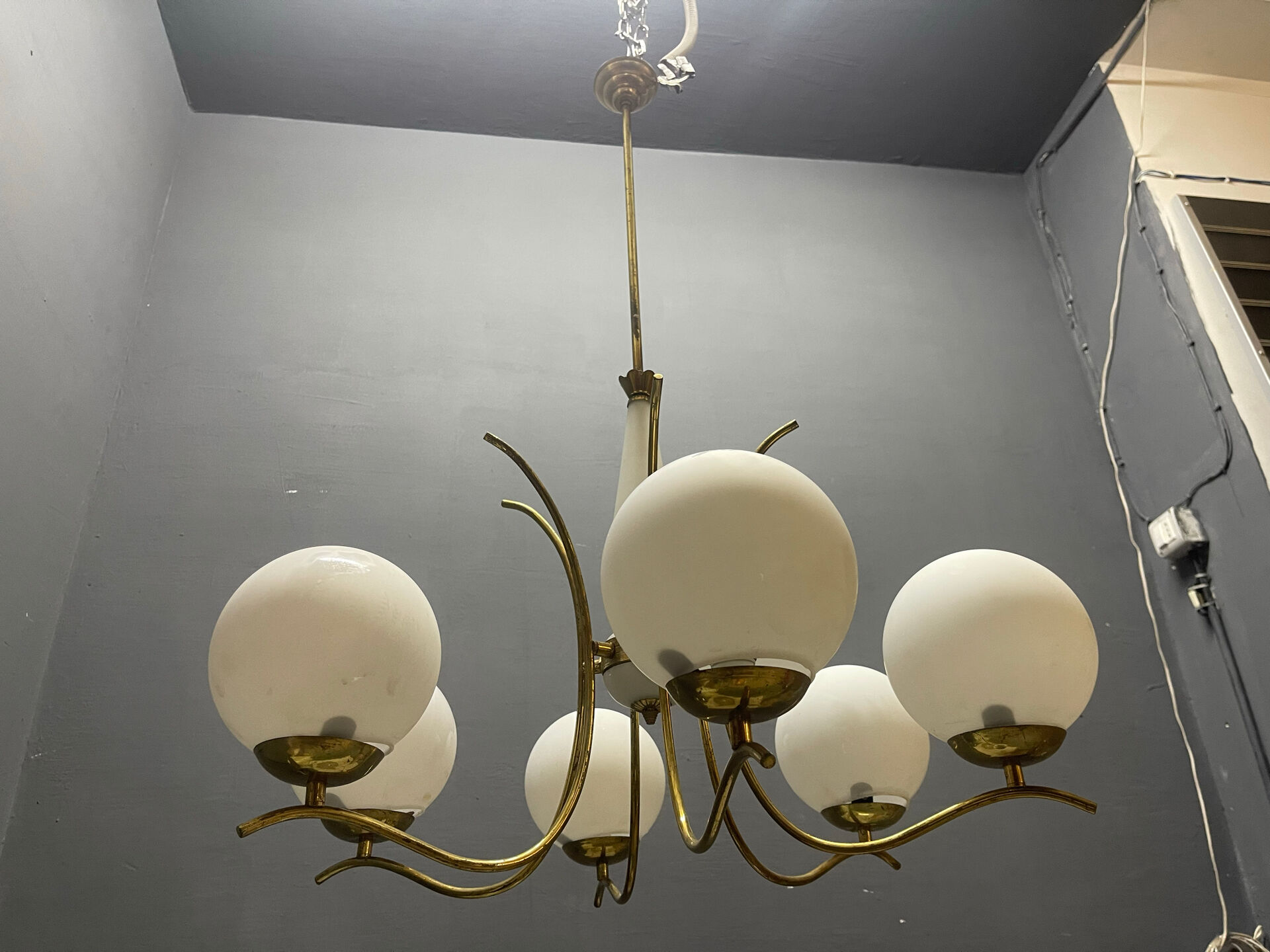 White Opaline Glass & Brass Chandelier, 1960s