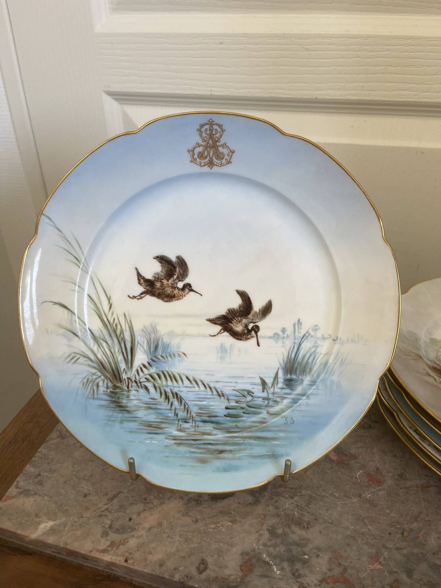 Antique 6x Sèvres Porcelain Plates Lahore & Basket 19th Century Hunting