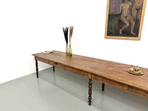 Farm table of 4 metres in solid pine, around 1900.