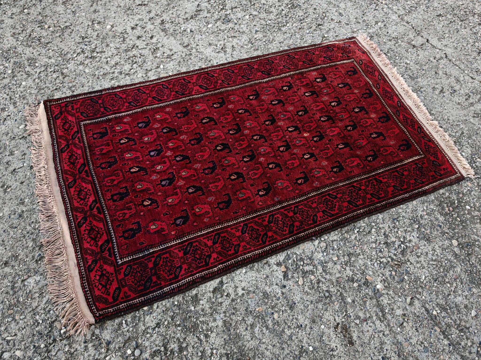 Vintage hand-knotted Boteh rug in natural wool from Afghanistan, 1960s.