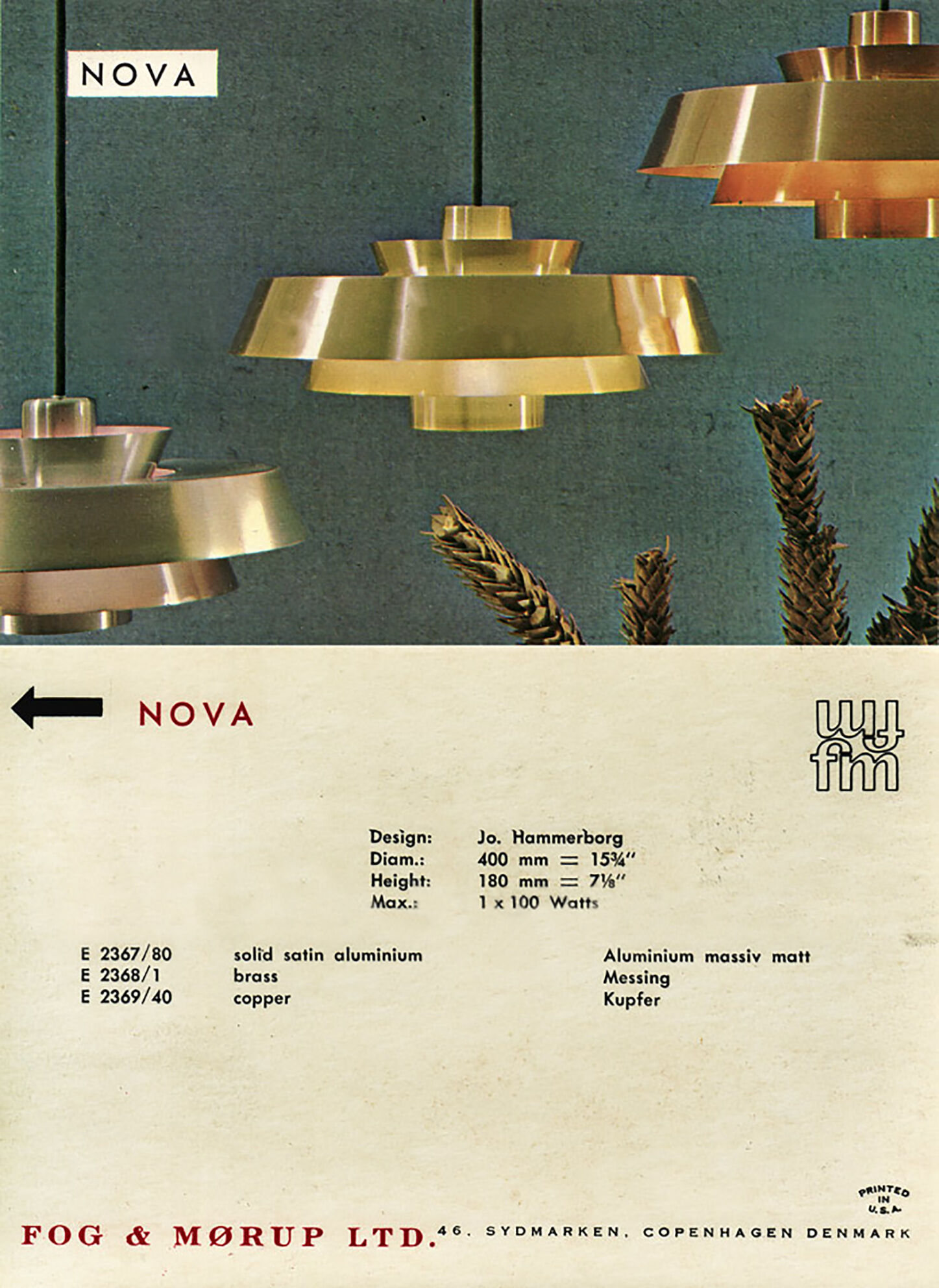 Hanging lamp Nova Brass Jo Hammerborg for Fog & Morup