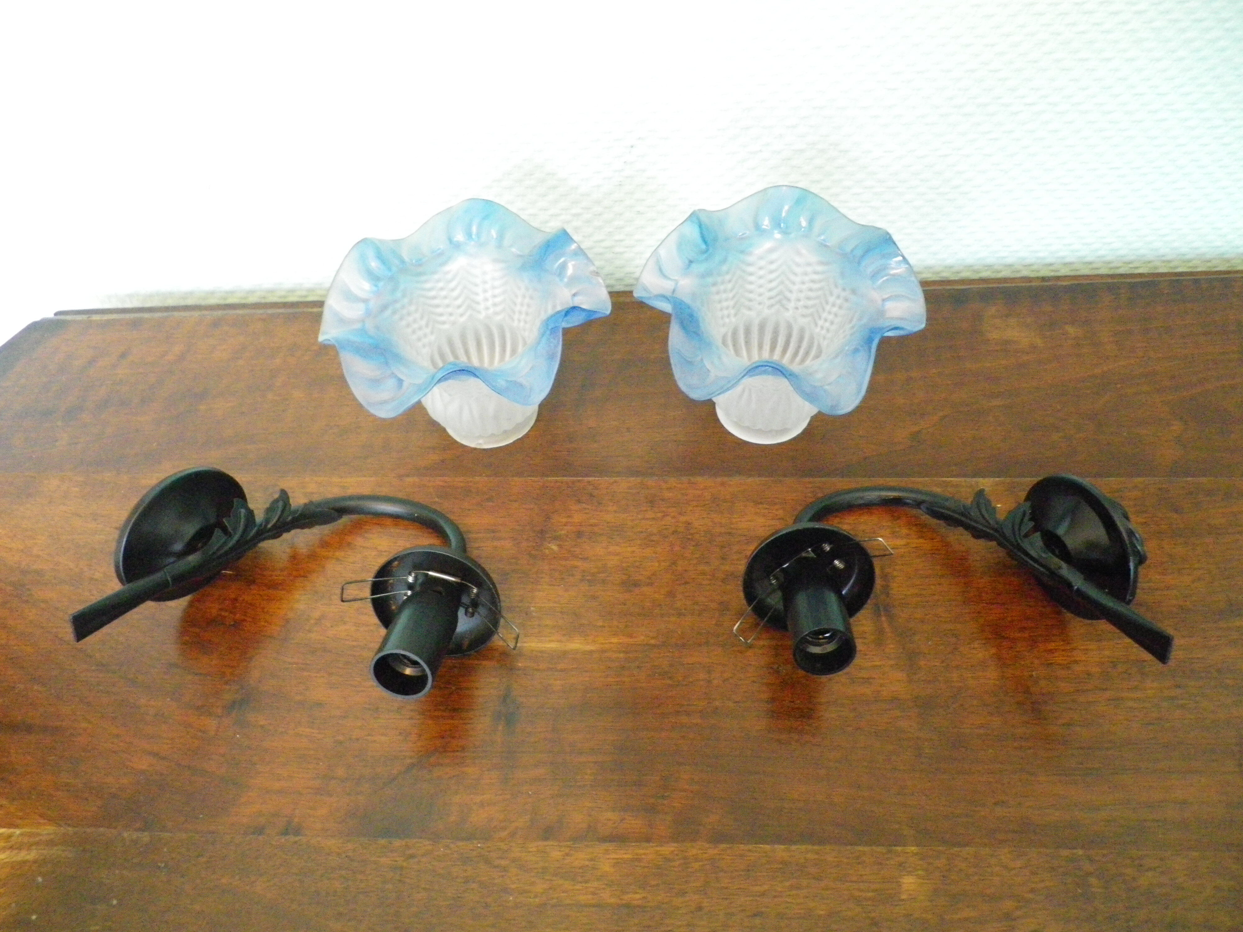 Wall sconces with opalines in the shape of corollas and black metal support