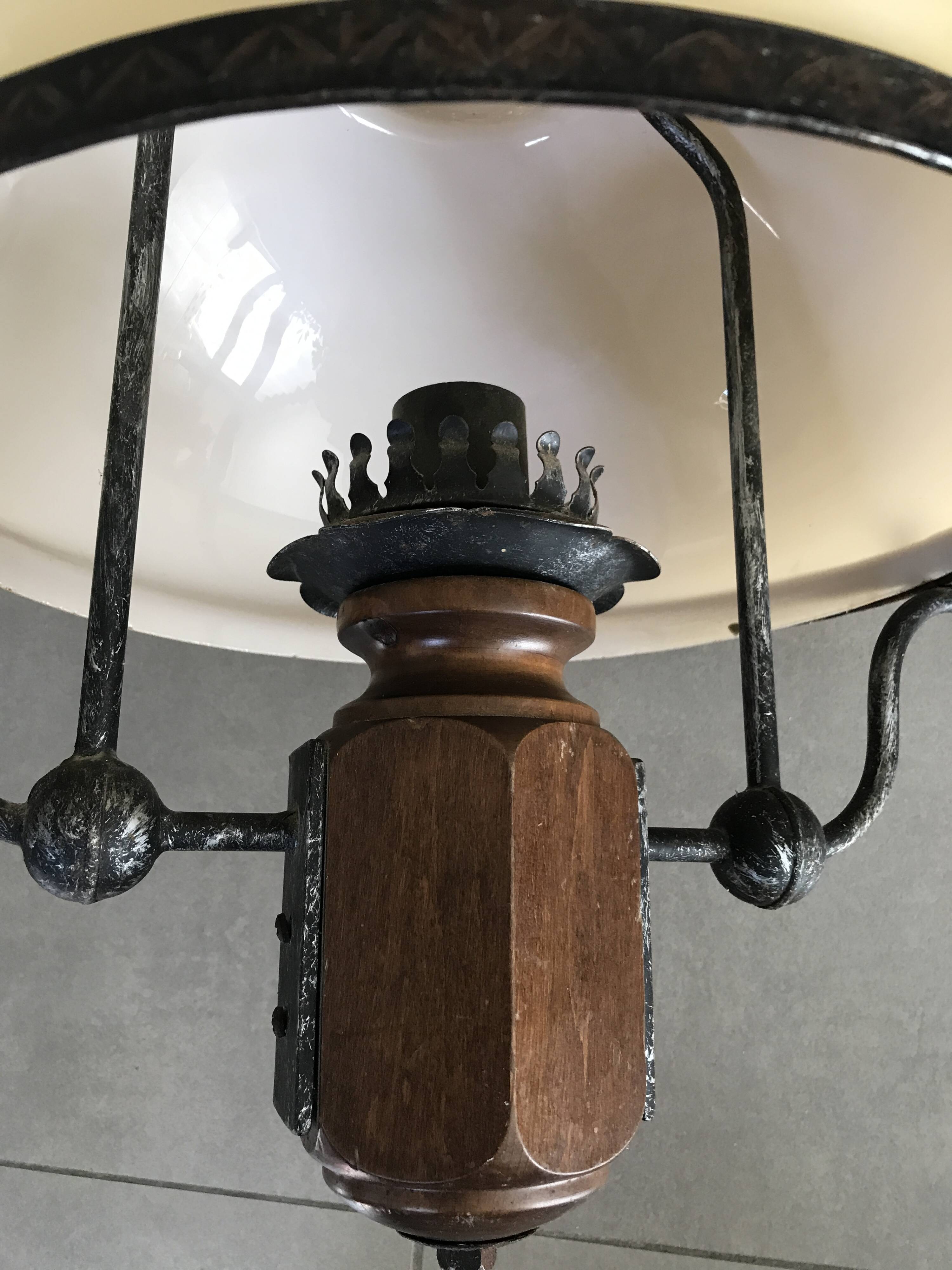 Suspension vintage wood and iron chandelier with yellow opaline lampshade