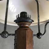 Suspension vintage wood and iron chandelier with yellow opaline lampshade