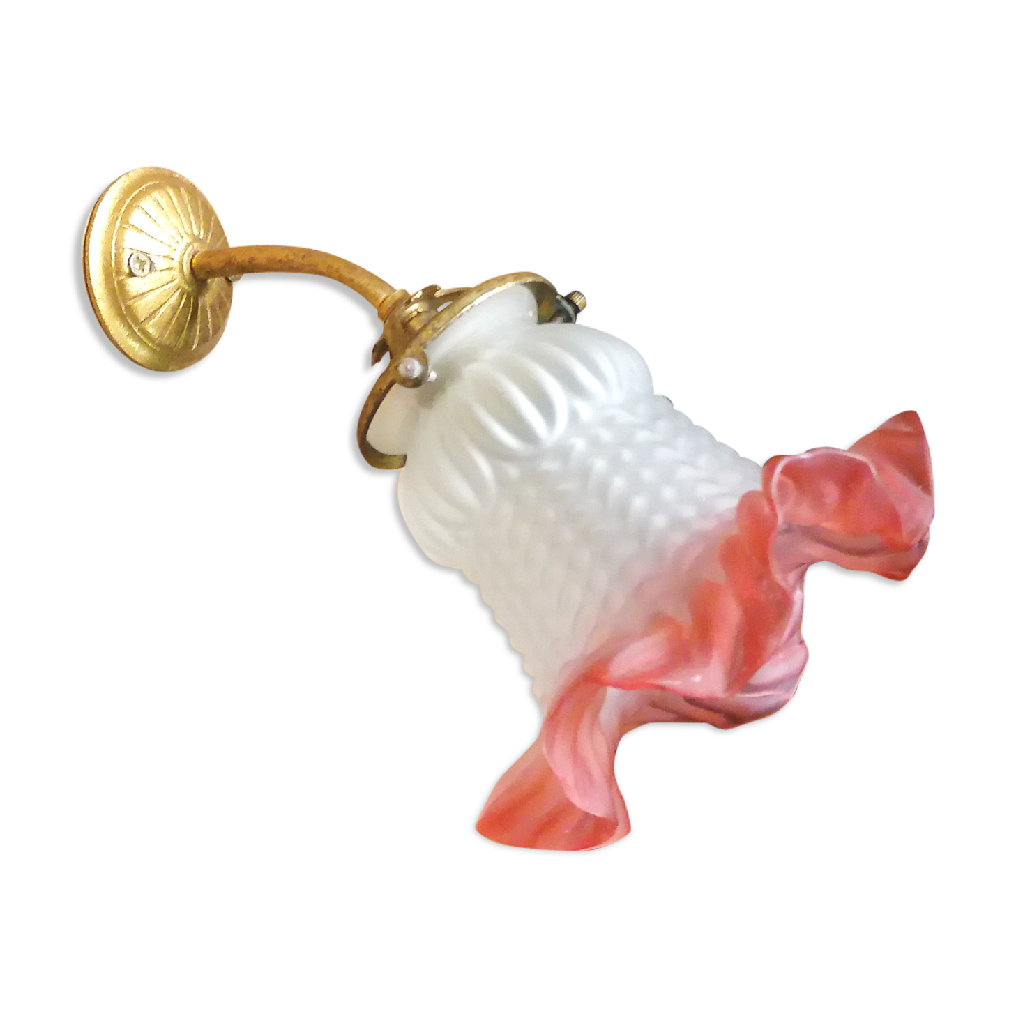 Retro wall lamp, brass support and tulip glass pressed pink and white 1950
