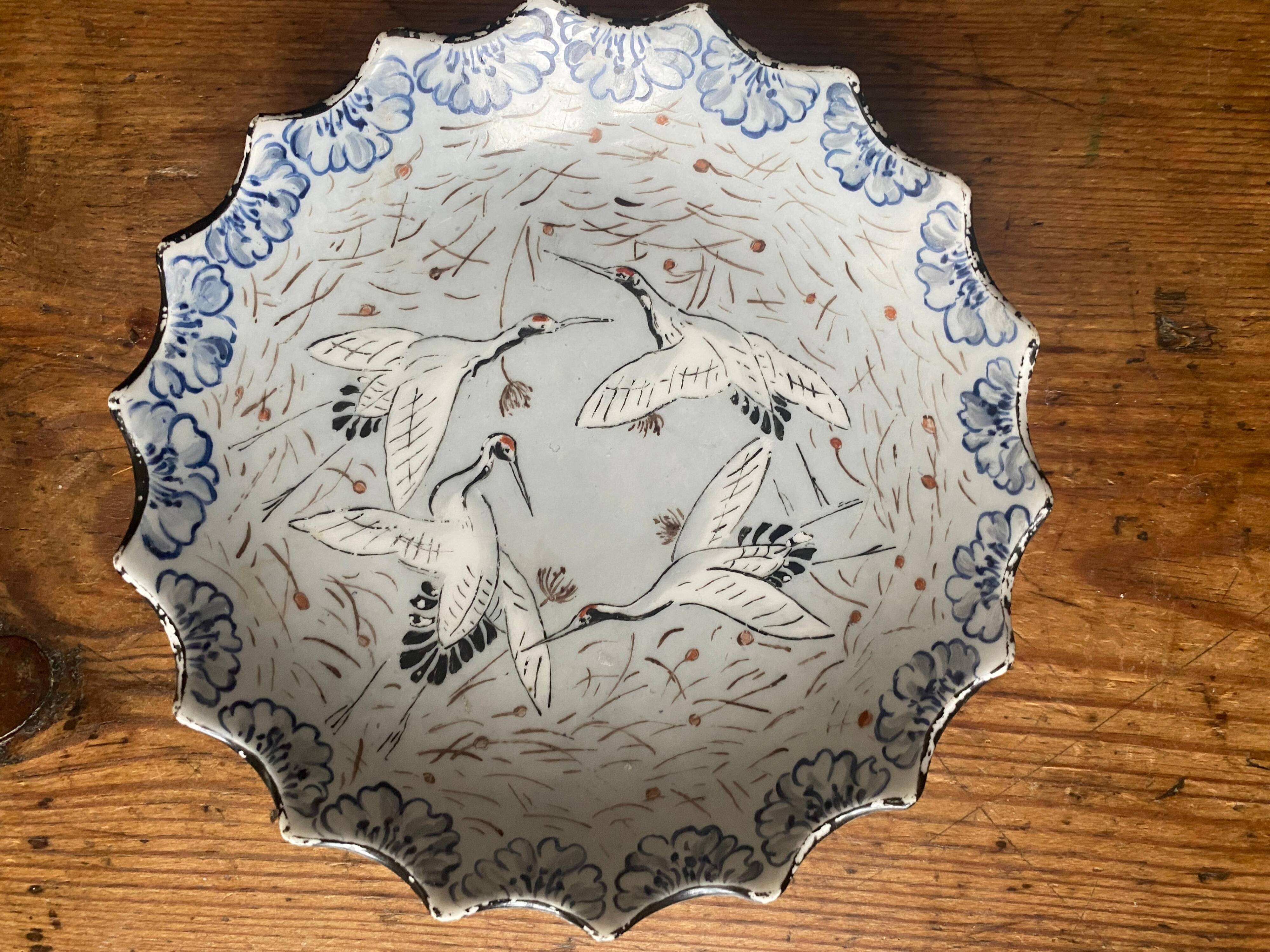 Japanese Meiji Period Light Blue Porcelain Dish with Cranes