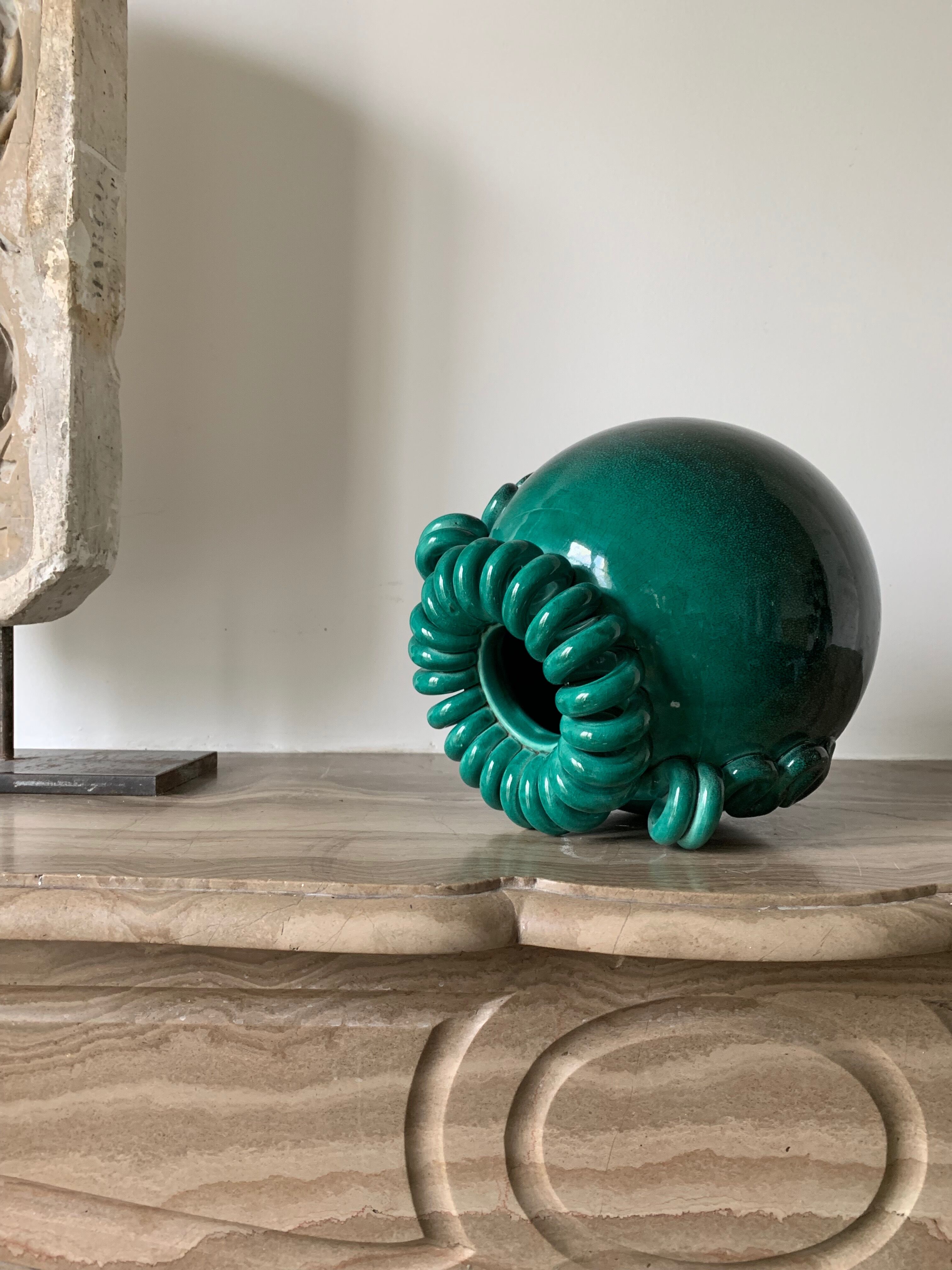 Vase ball enamelled green Gustave Asch for Primavera model ball called Sainte Radegonde