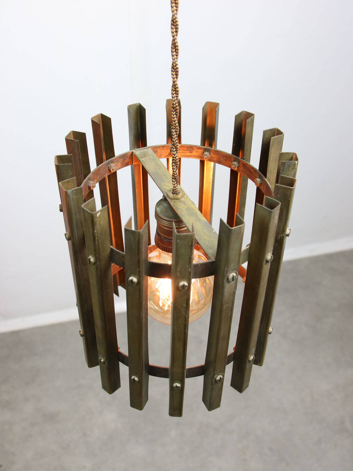 Vintage Italian Brass Cage Pendant Lamp, 70s