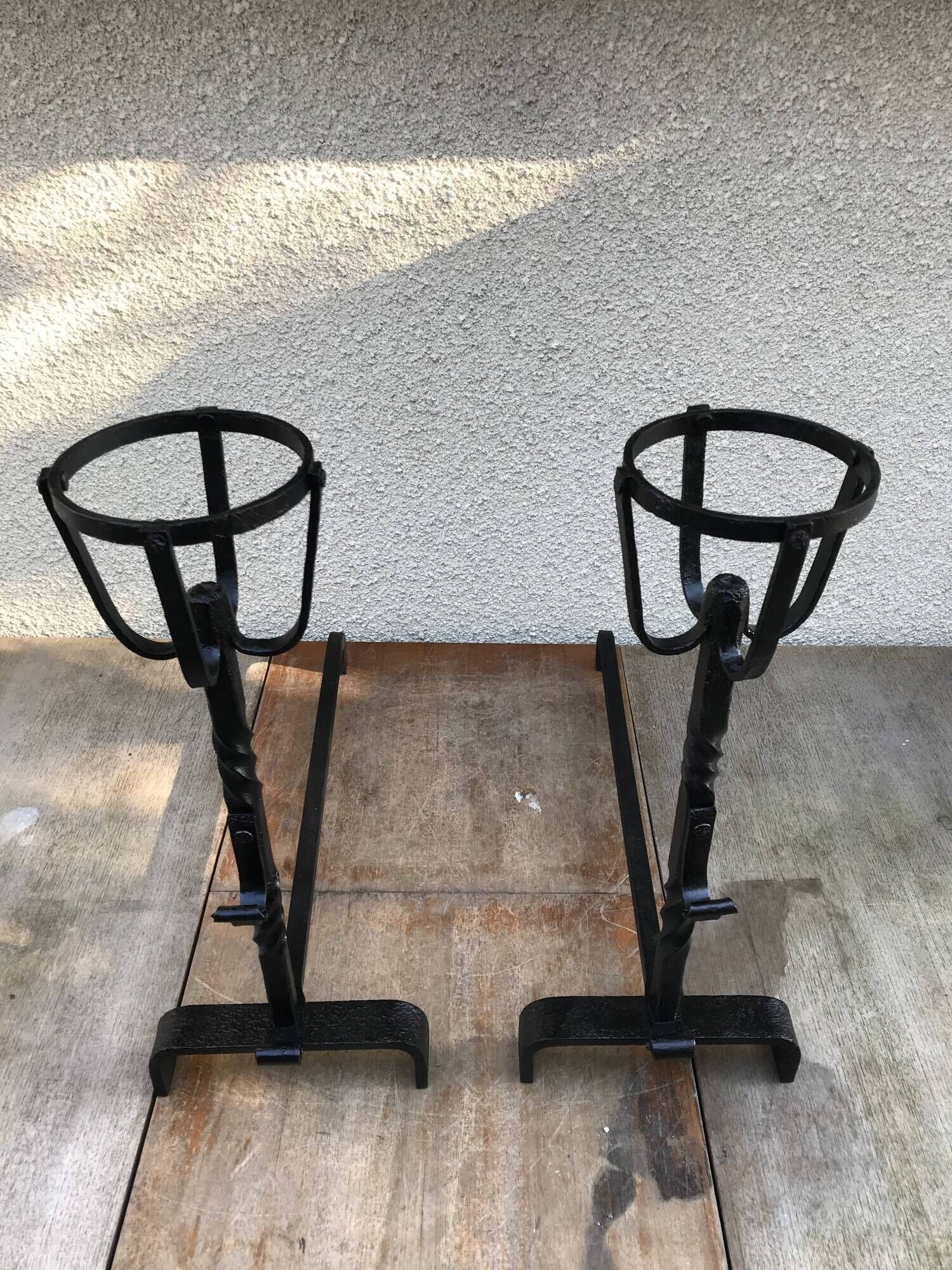 Former pair of landiers iron chimney