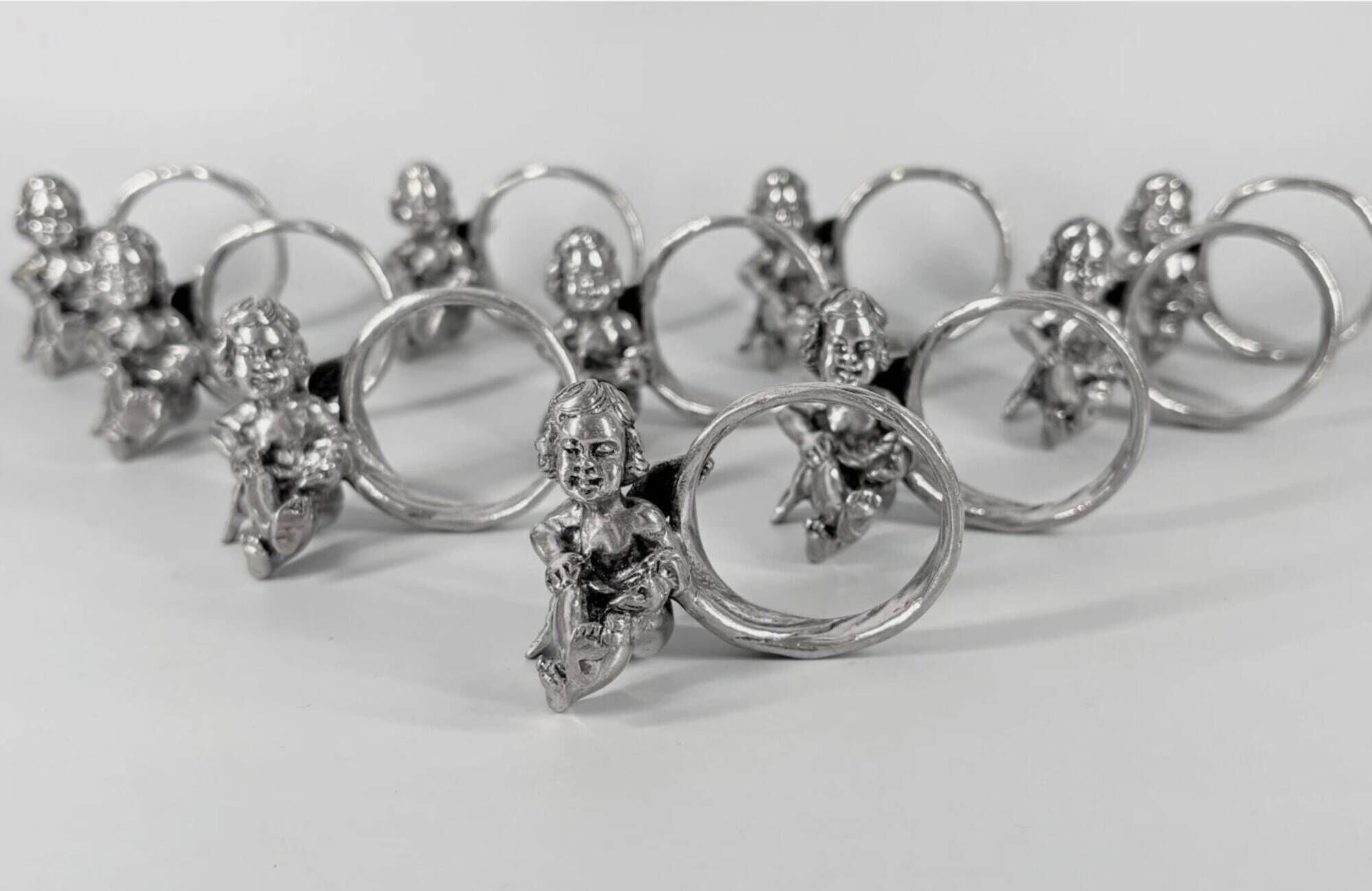 Set of 10 Silver-Plated Cherub Napkin Rings, Vintage Table Décor Putti Figurine