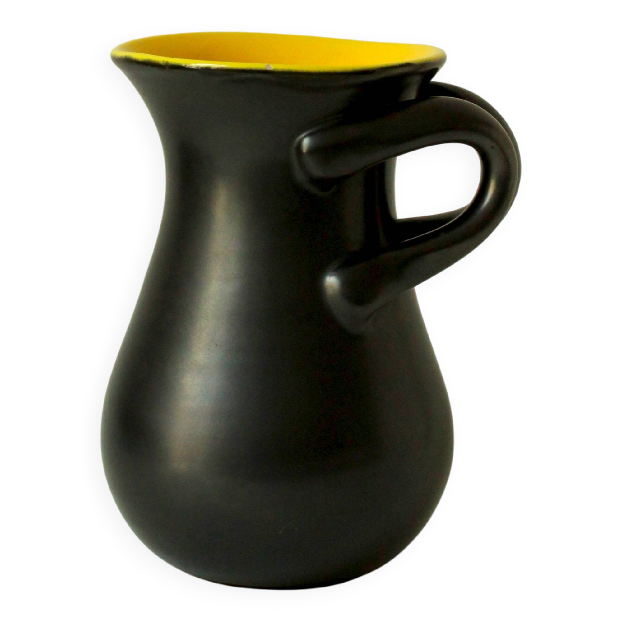 Glazed ceramic vase in black and yellow, in the style of Pol Chambost.