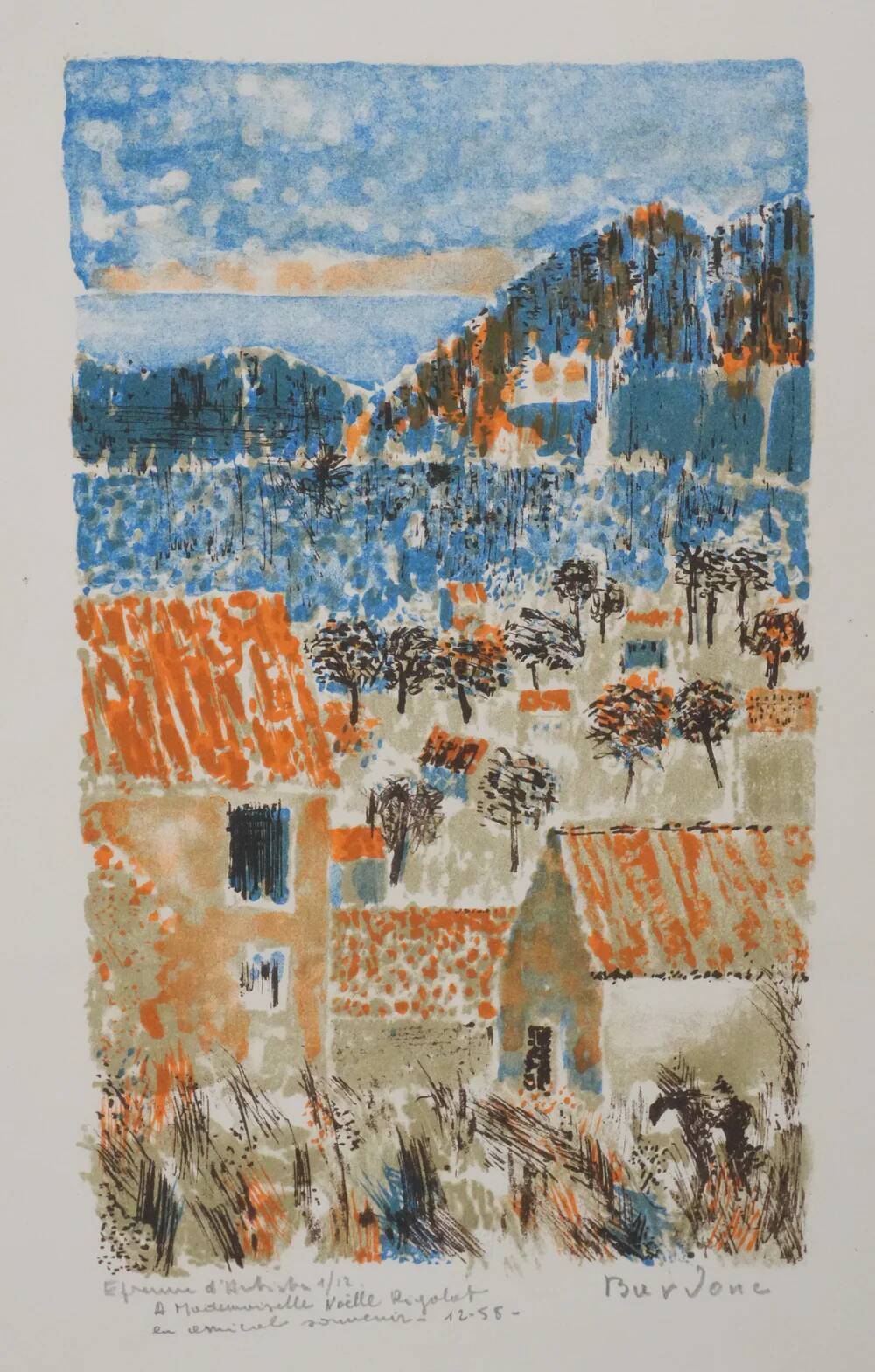 Guy Bardone: Night on the Orange Rooftops, original signed lithograph.