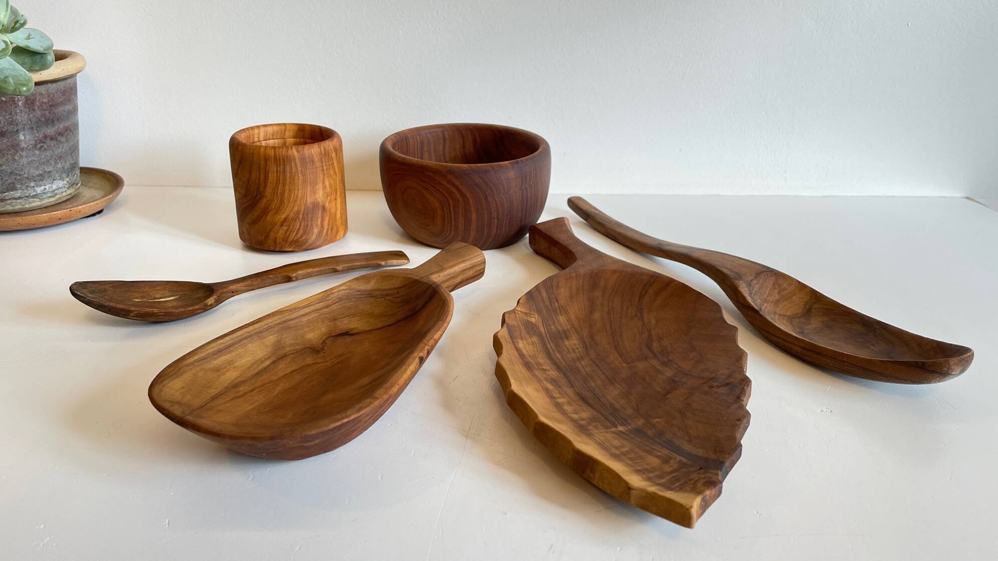 Set of vintage turned and carved wooden cups
