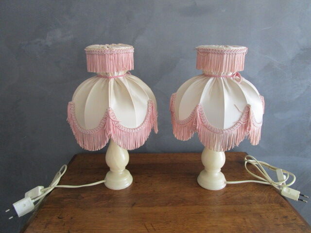 Pair of antique bedside lamps in alabaster and satin lampshade