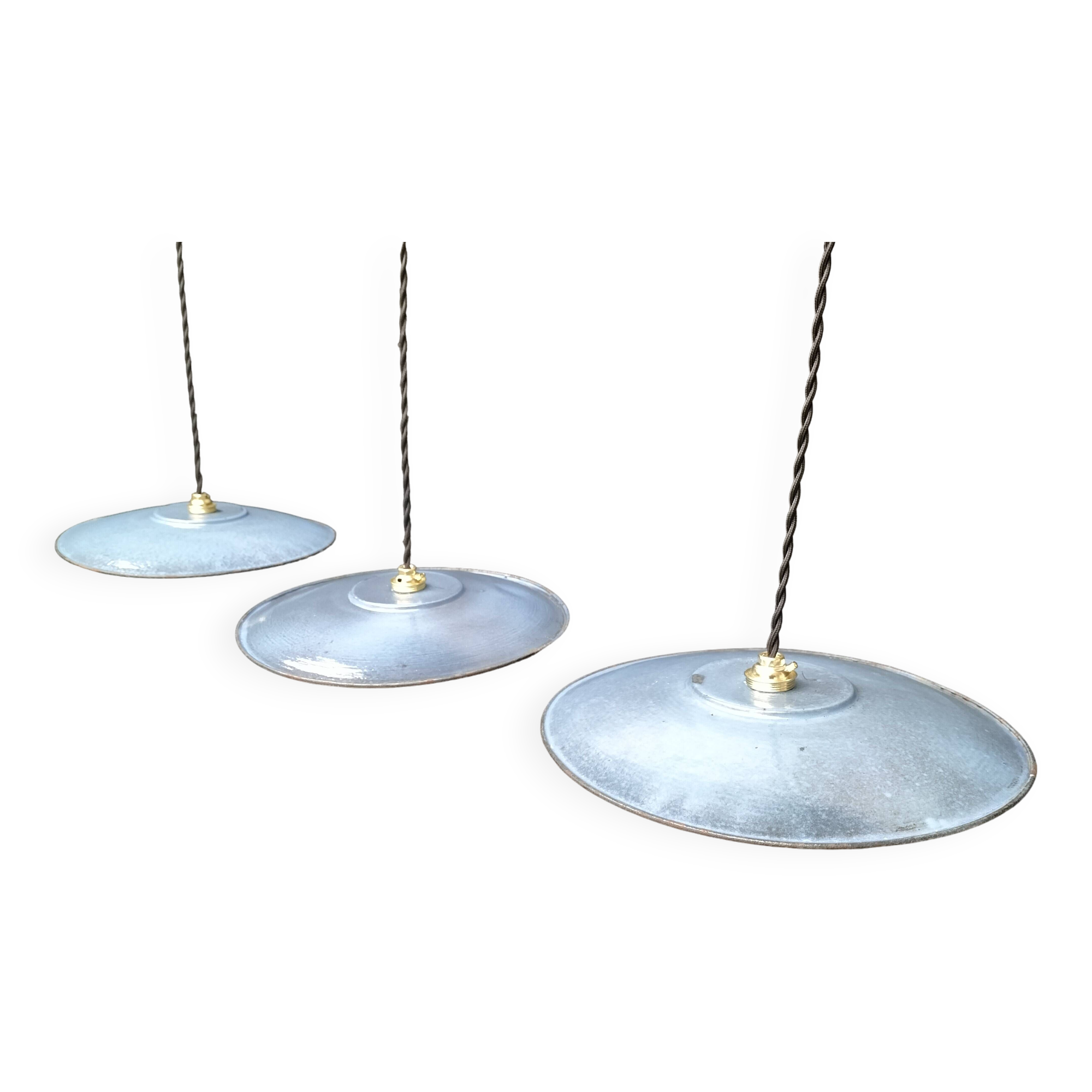 3 blue enameled sheet metal pendant lights